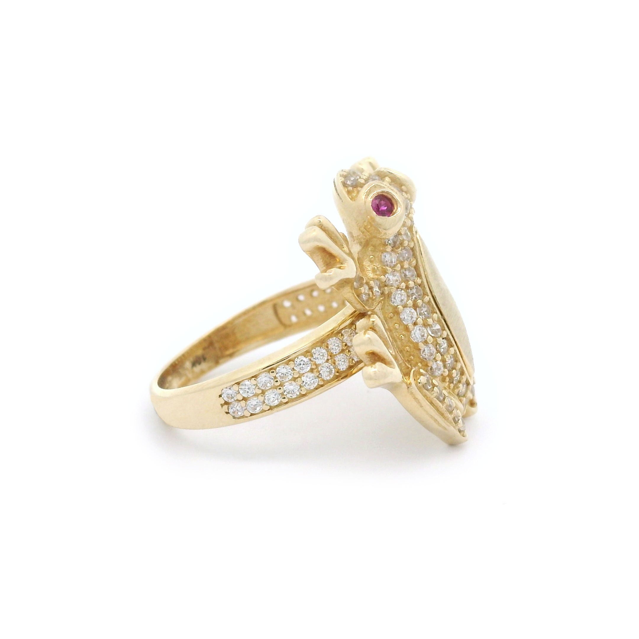 10k Yellow Gold CZ Frog with Red Eyes Ring Left