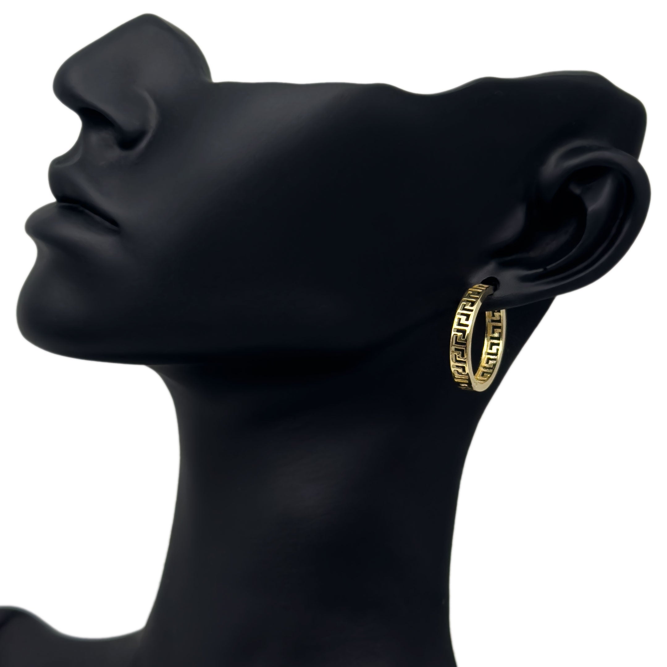 14k Yellow Gold Geometric Outline Hoop Earrings on Black Mannequin Display