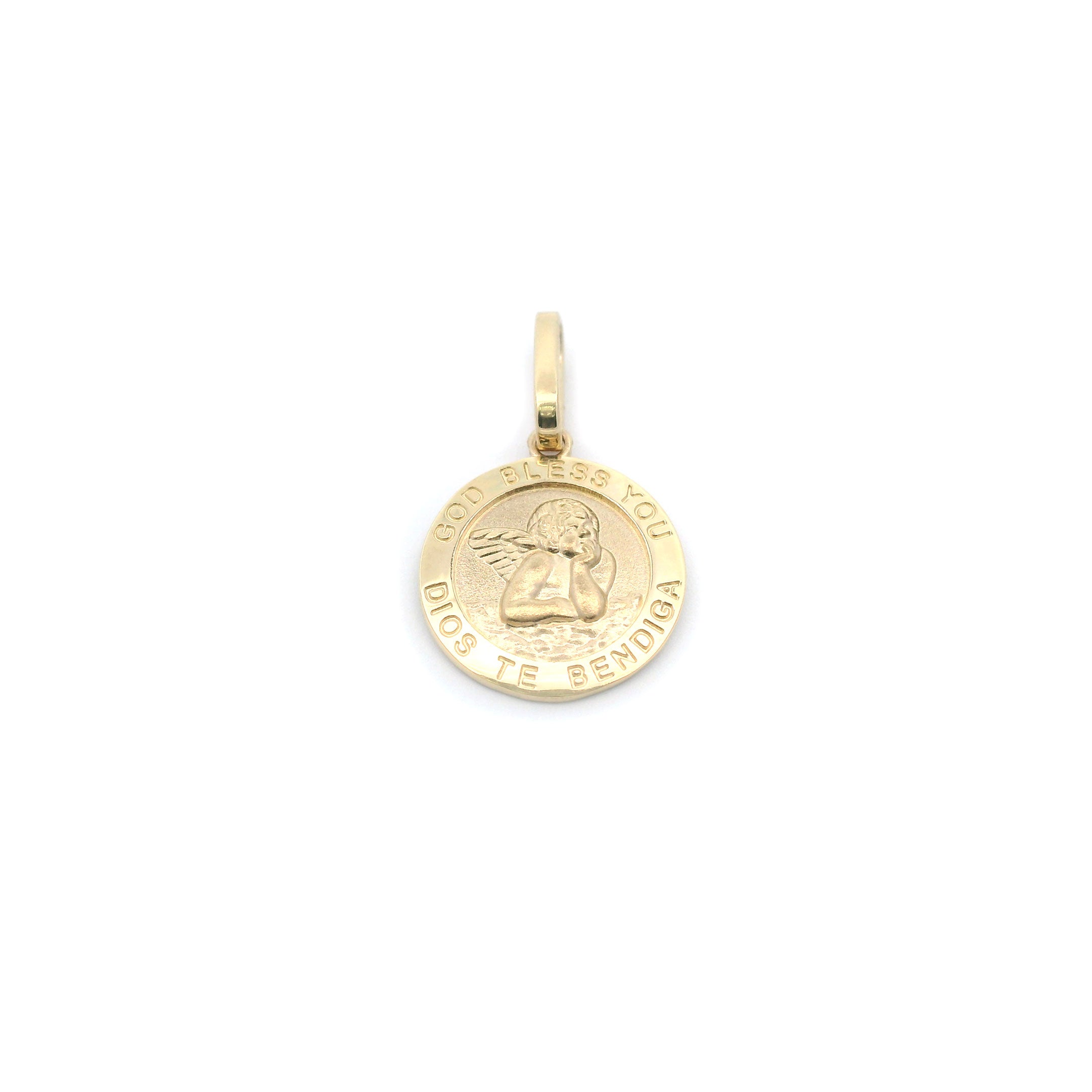 14k Angel God Bless You Mini Pendant on White Background