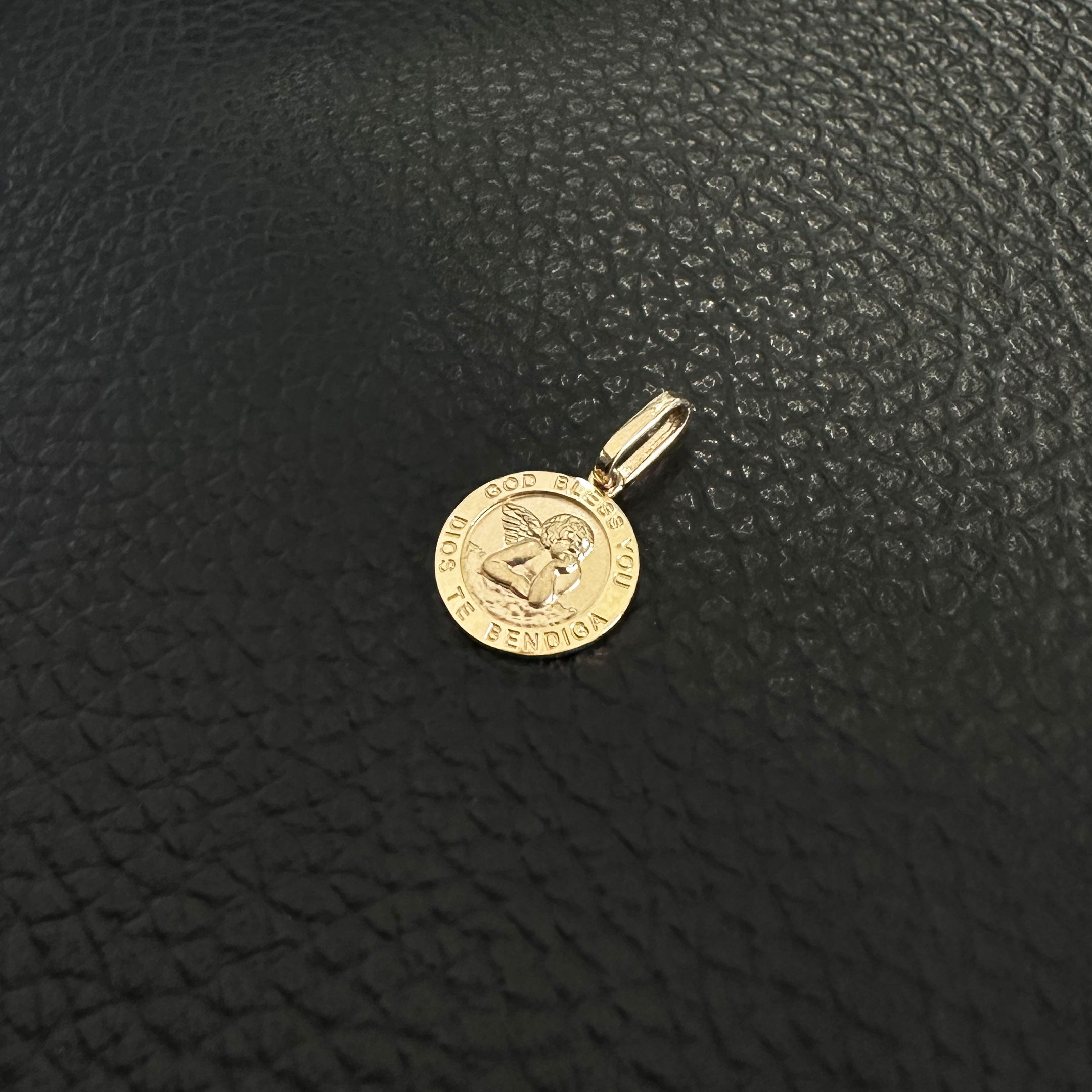 14k Angel God Bless You Mini Pendant on Black Textured Background