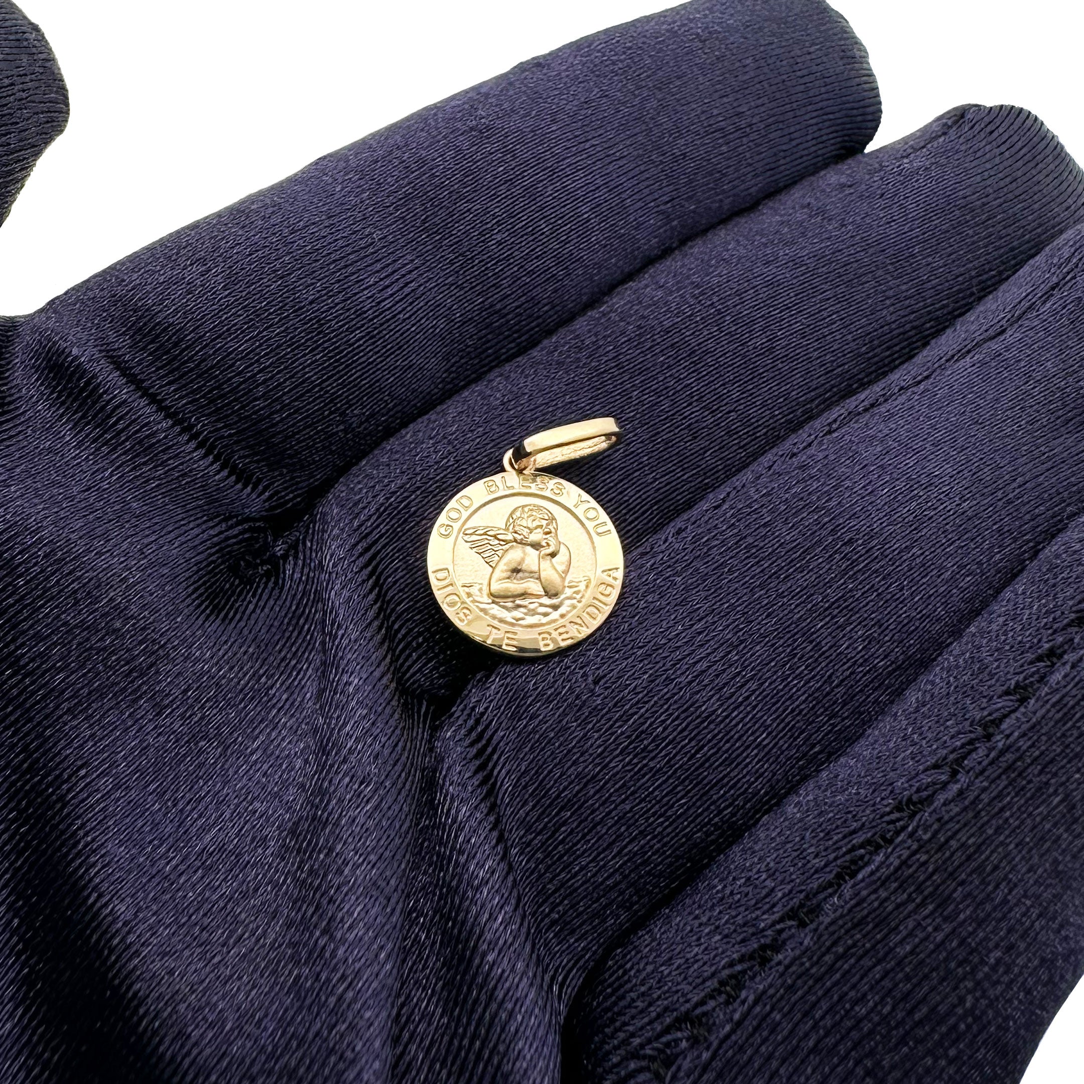 14k Angel God Bless You Mini Pendant in Hand with Blue Glove