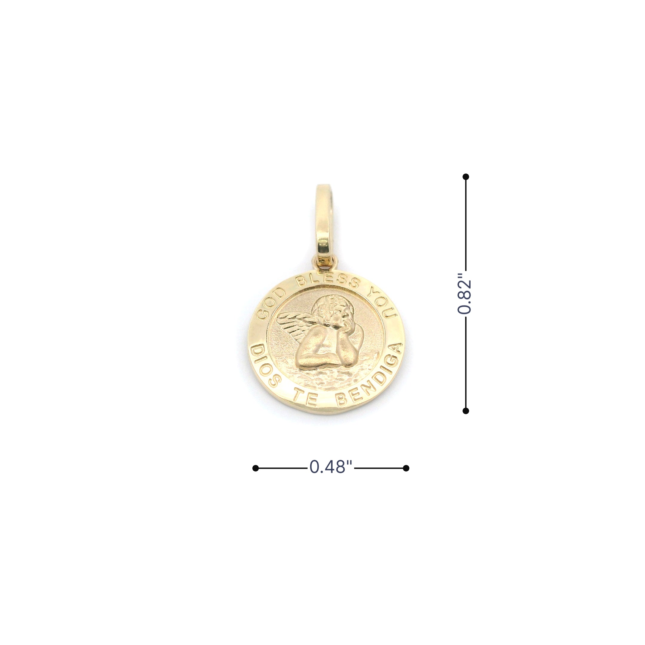 14k Angel God Bless You Mini Pendant on White Background with Measurements
