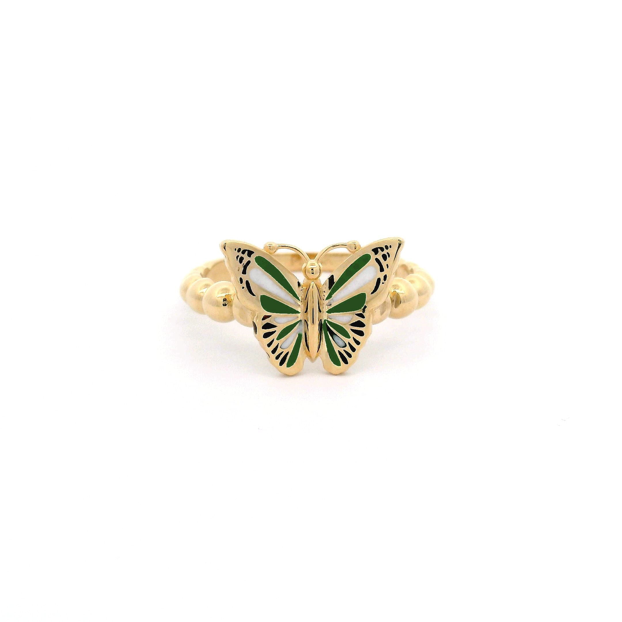 14k Green, White & Black Enamel Butterfly Ring