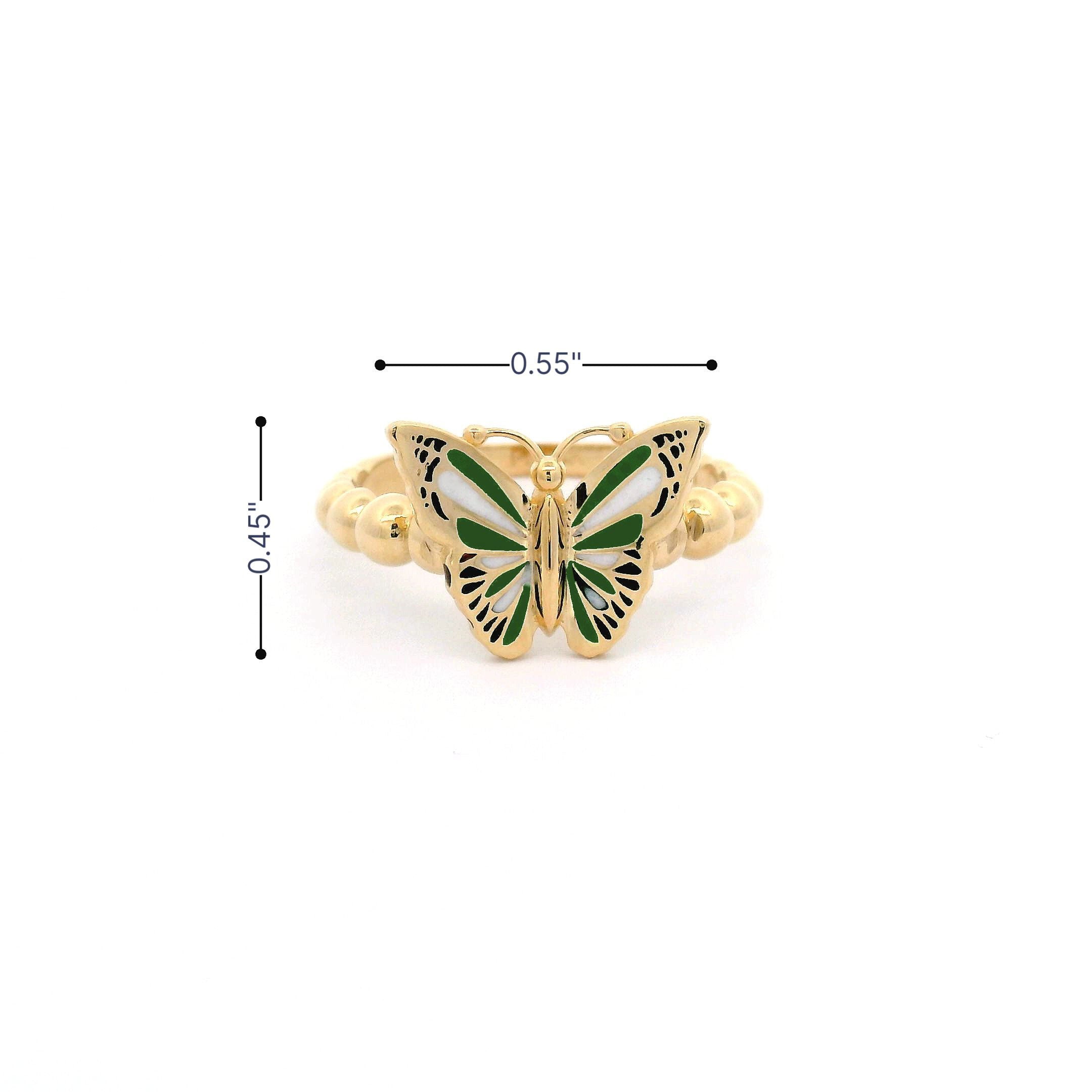 14k Green, White & Black Enamel Butterfly Ring Size