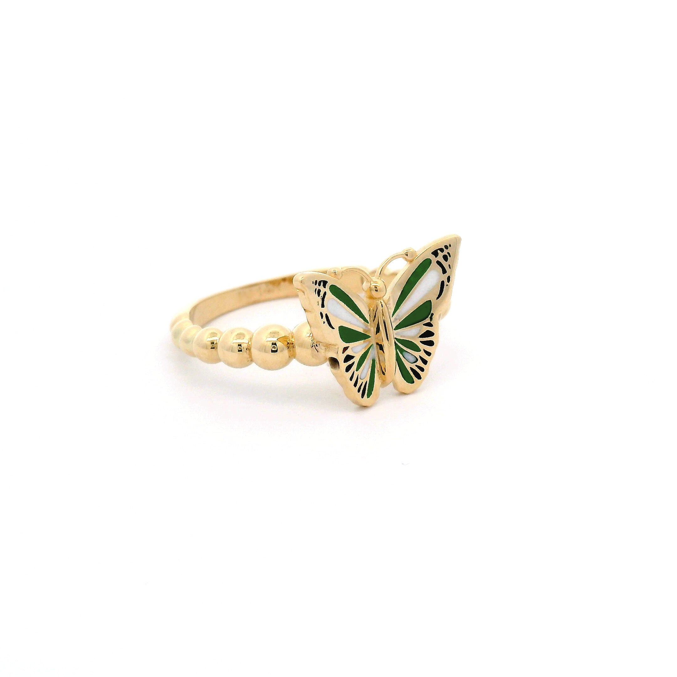 14k Green, White & Black Enamel Butterfly Ring Side