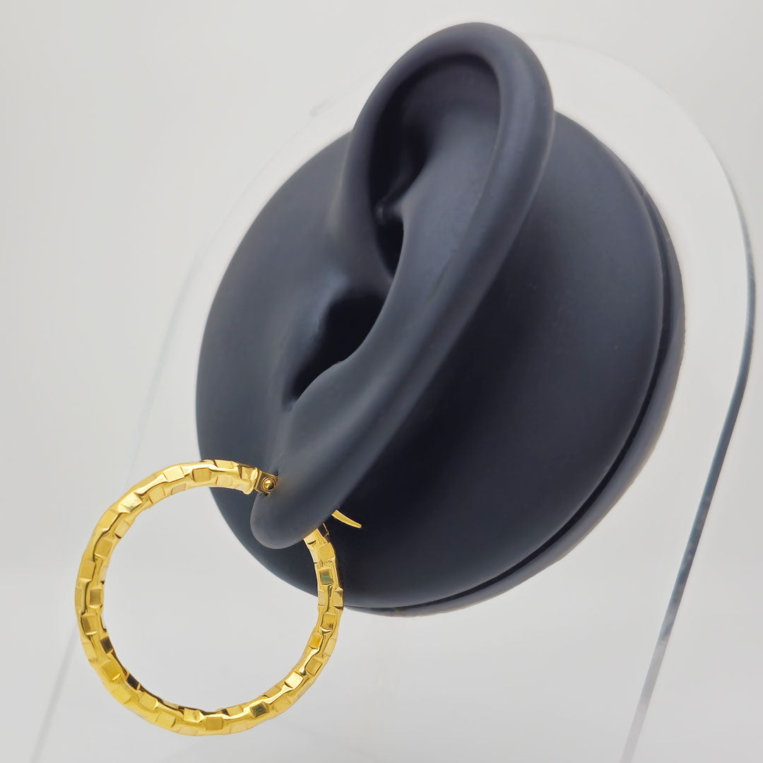 14k Hammered Design Hoop Earrings on Ear Display