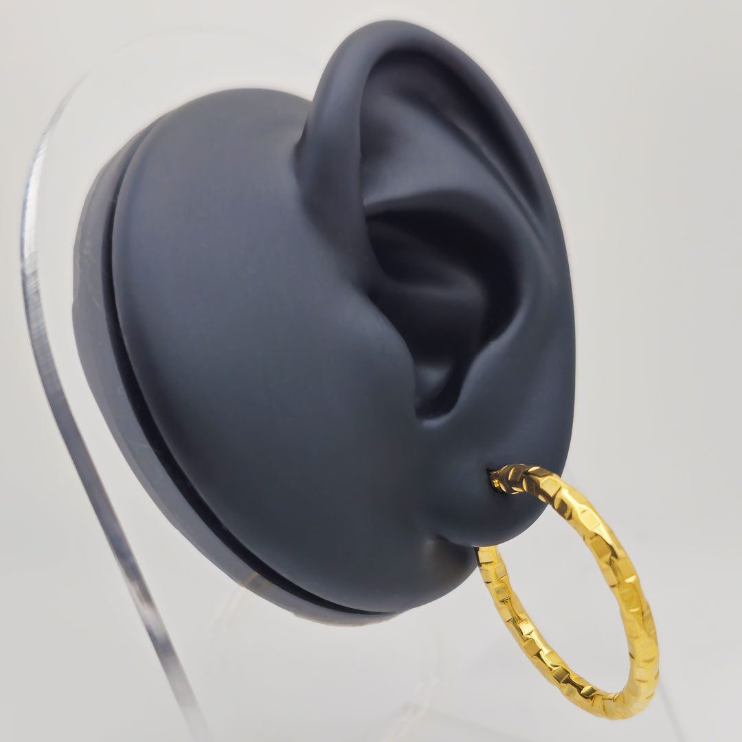 14k Hammered Design Hoop Earrings on Ear Display Angle