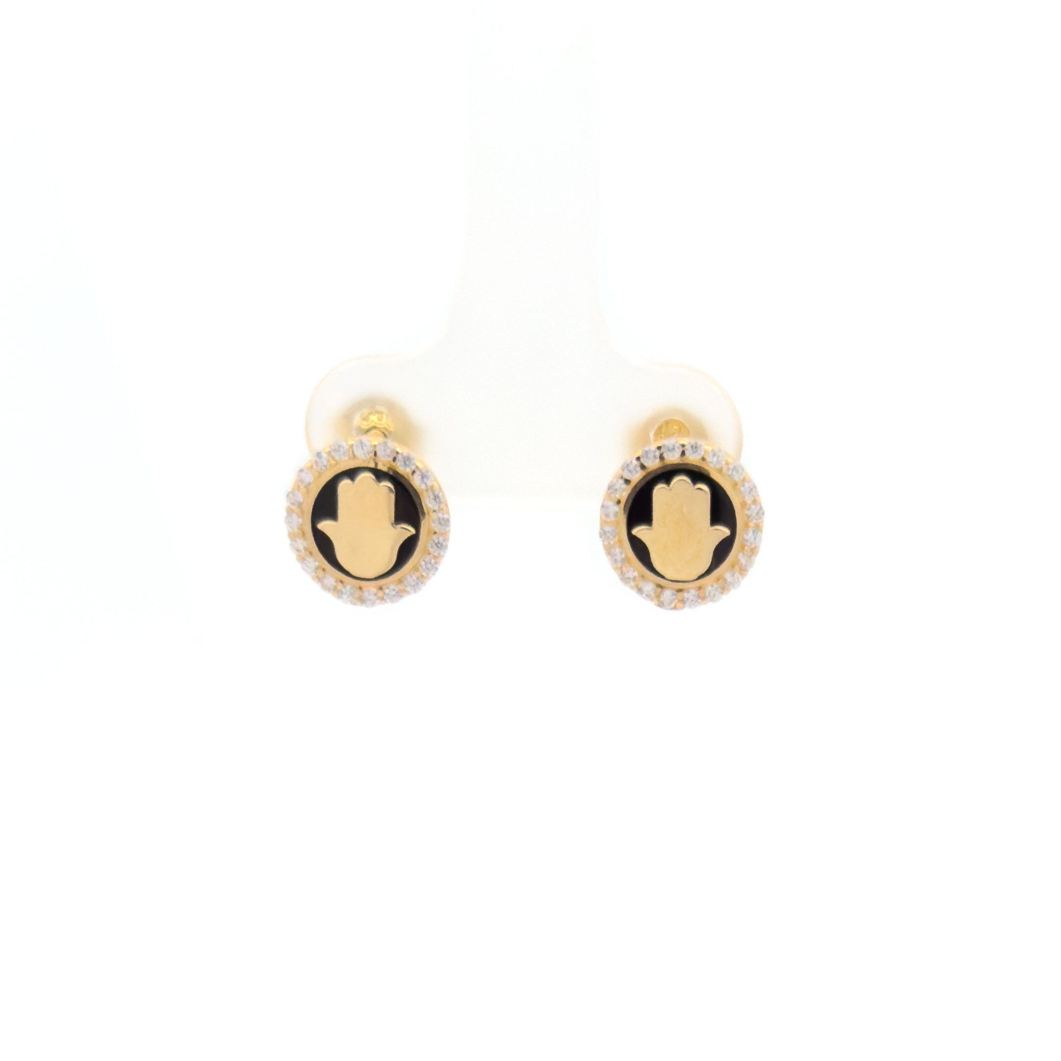 Pair of 14k Yellow Gold Round Hamsa Hand with Black Enamel Stud Earrings