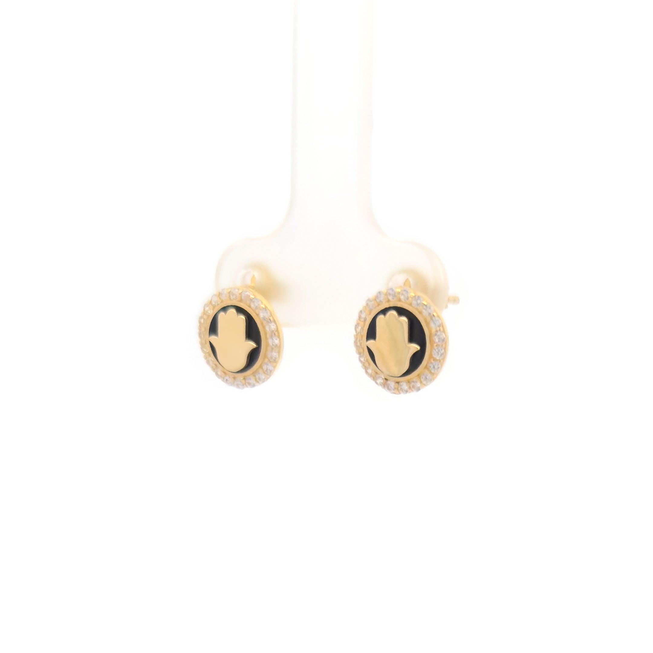 Pair of 14k Yellow Gold Round Hamsa Hand with Black Enamel Stud Earrings side