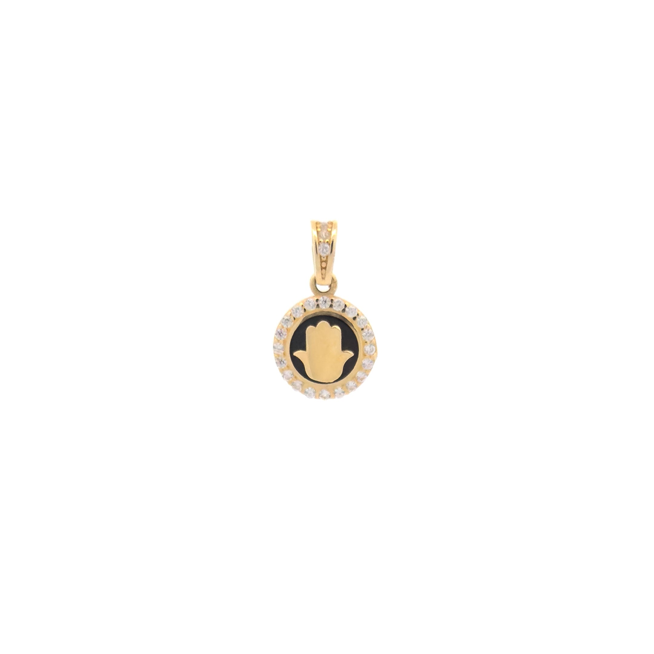 14k Yellow Gold Round Hamsa Hand with Black Enamel Background and CZ Border Pendant