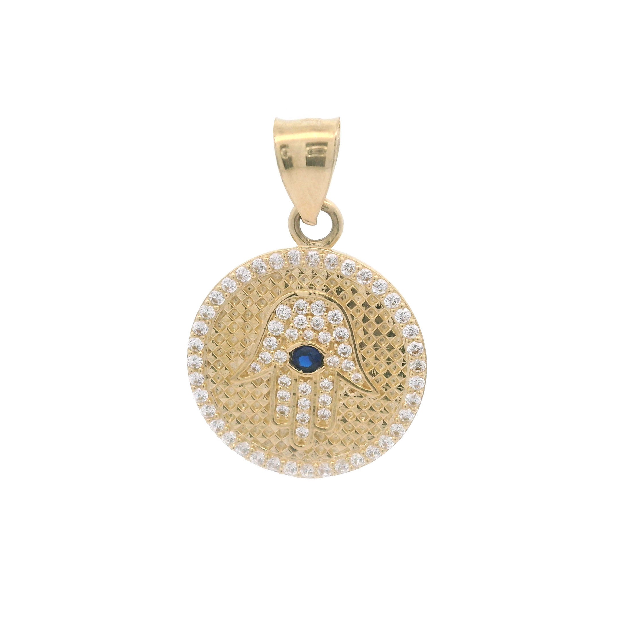 14k CZ Hamsa Hand Round Pendant