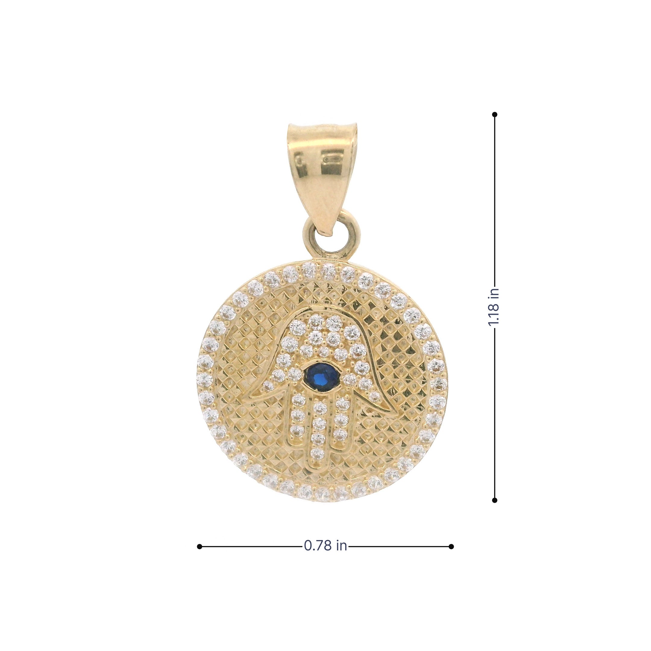 14k CZ Hamsa Hand Round Pendant size