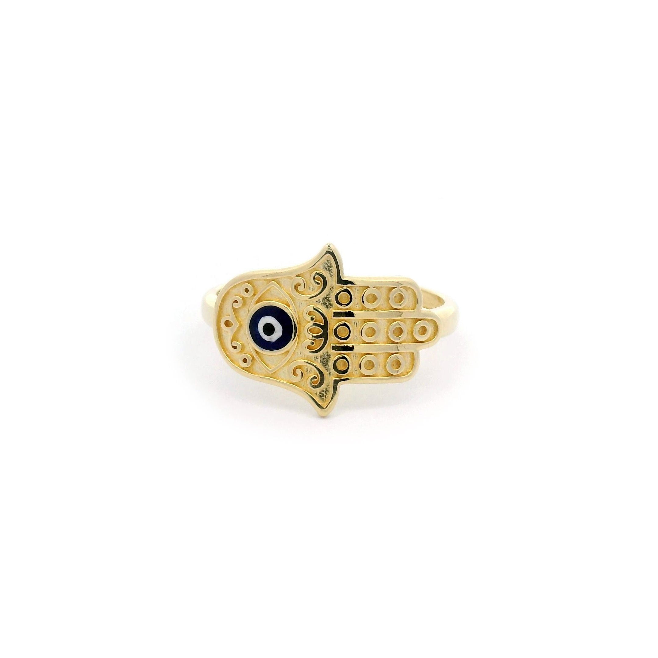 14k Hamsa Hand & Blue Enamel Evil Eye Ring Front