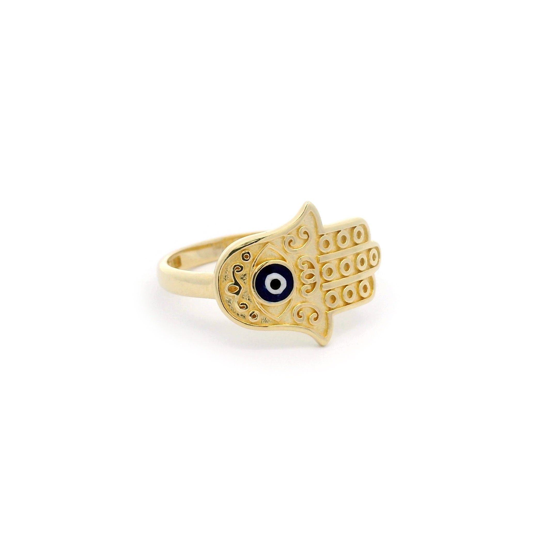 14k Hamsa Hand & Blue Enamel Evil Eye Ring