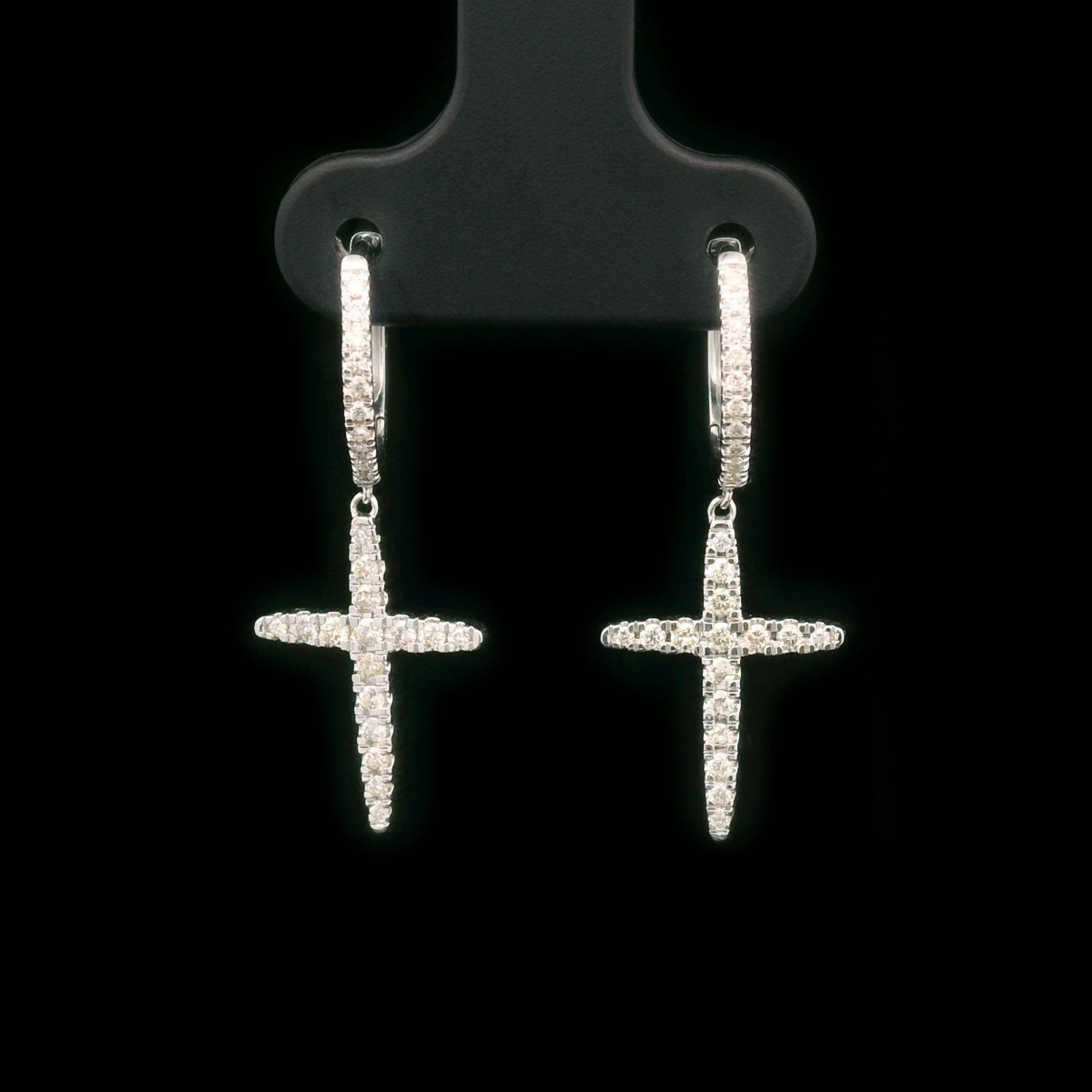 Diamond Cross Hanging Drop Earrings in 14k White Gold