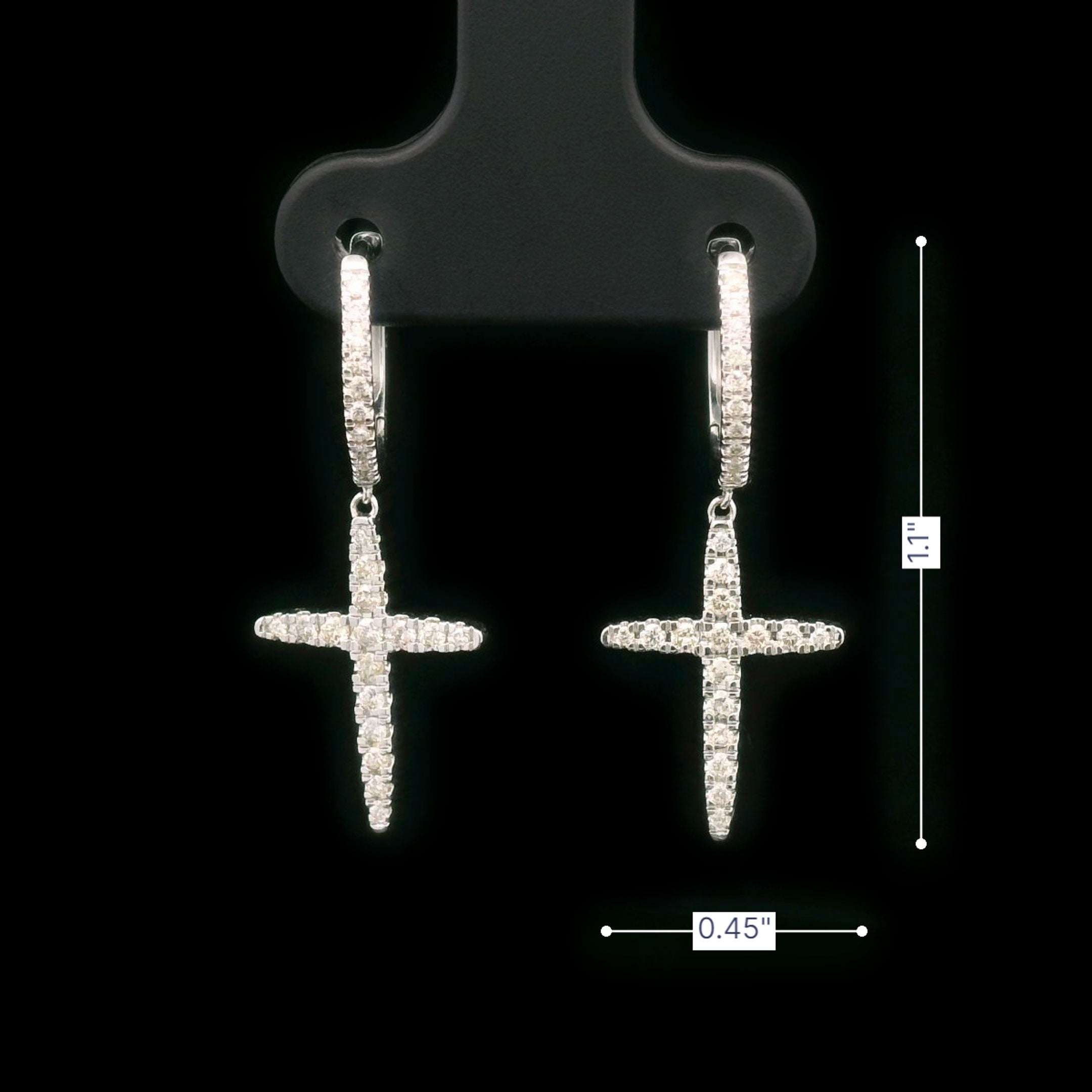 Diamond Cross Hanging Drop Earrings in 14k White Gold Size 0.45" x 1.1"