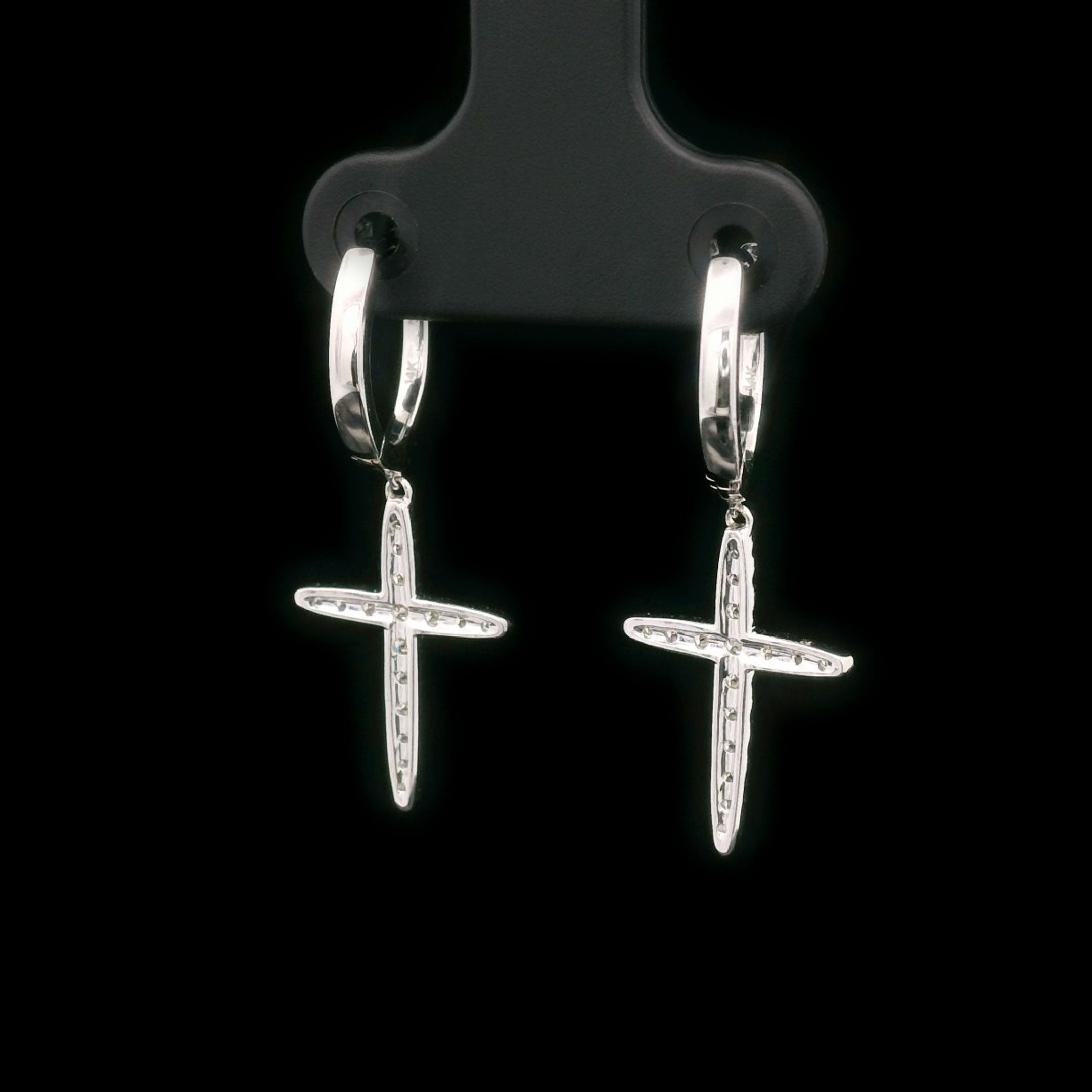 Diamond Cross Hanging Drop Earrings in 14k White Gold Back