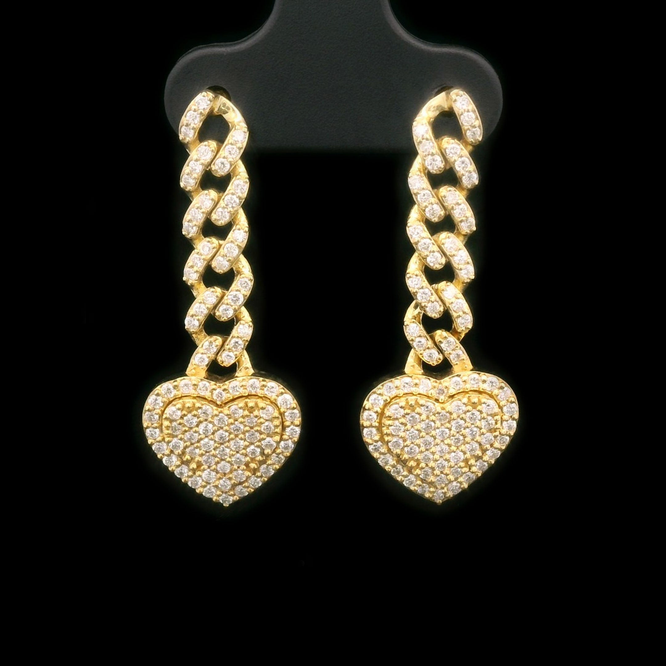 Diamond Heart with Cuban Chain Screw Back Hanging Drop Earrings 14k Yellow Gold