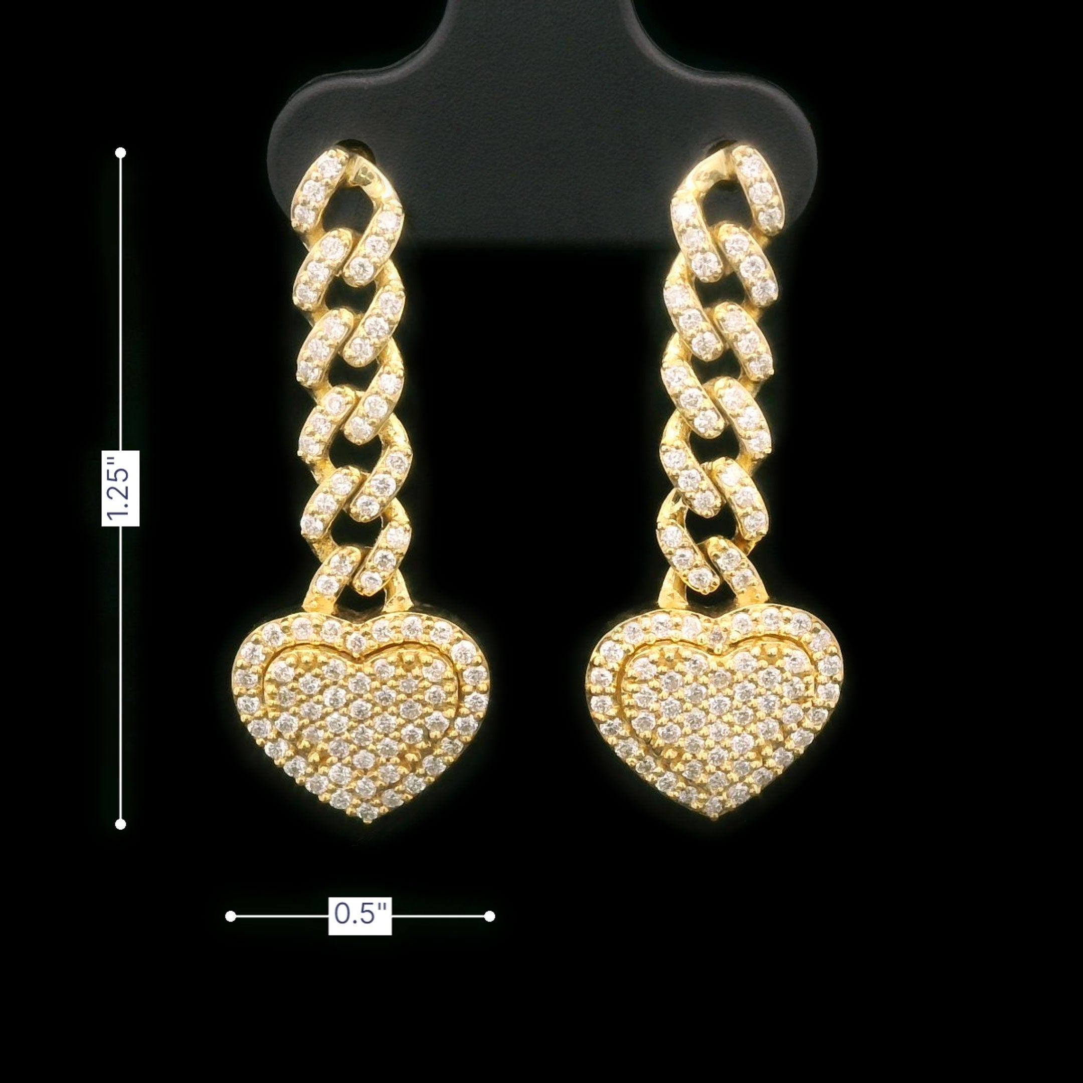 Diamond Heart with Cuban Chain Screw Back Hanging Drop Earrings 14k Yellow Gold Size 0.5