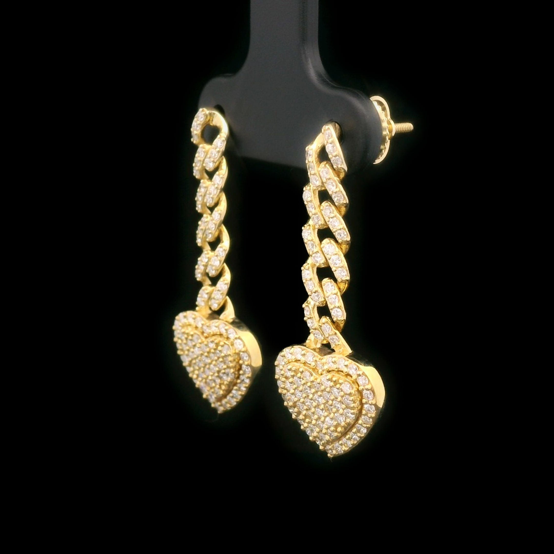 Diamond Heart with Cuban Chain Screw Back Hanging Drop Earrings 14k Yellow Gold Side