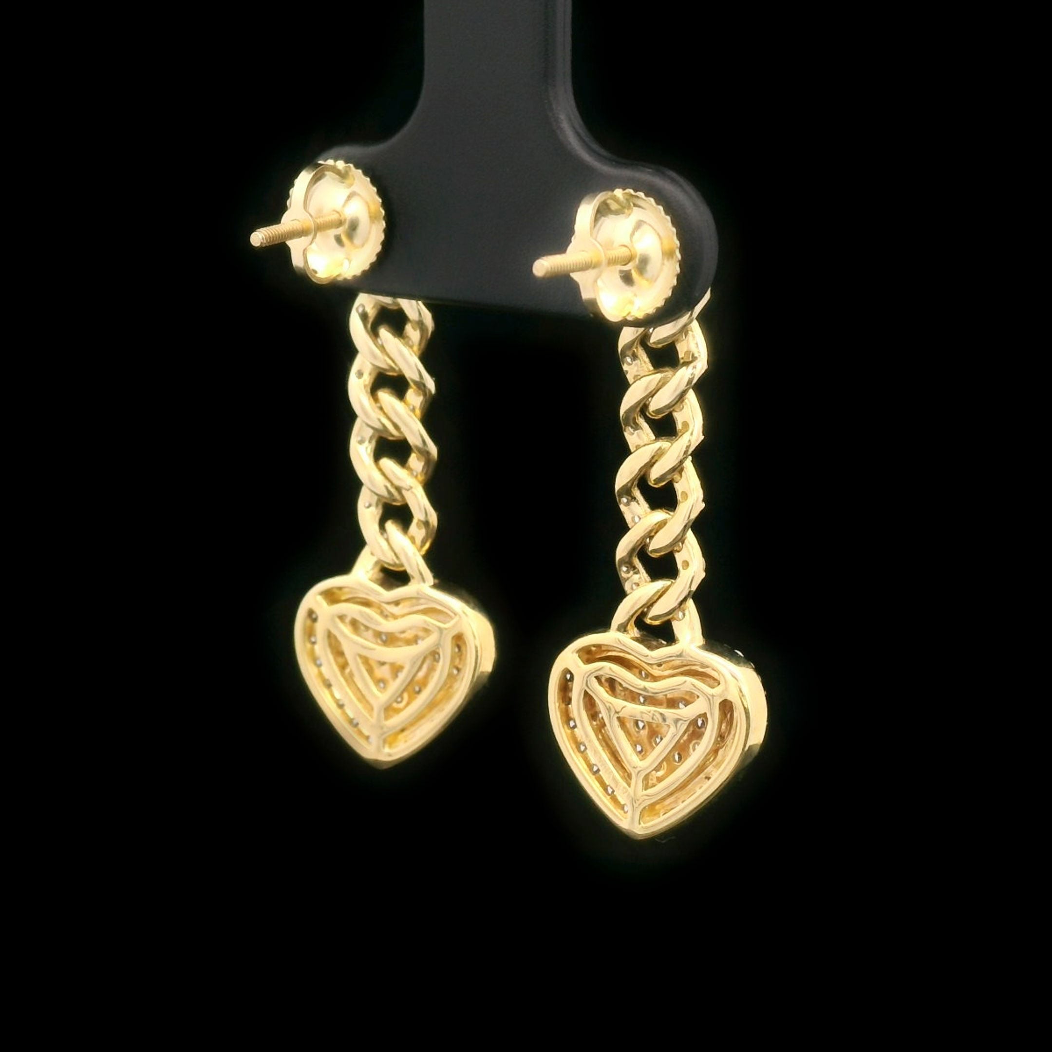 Diamond Heart with Cuban Chain Screw Back Hanging Drop Earrings 14k Yellow Gold Back