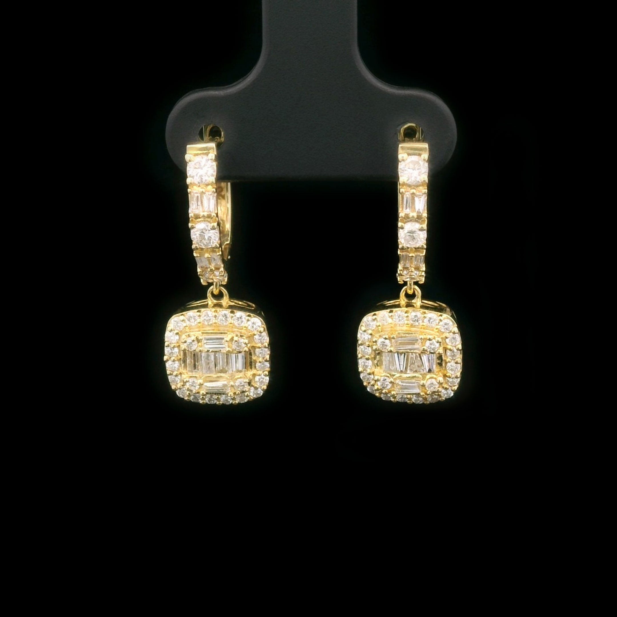 Baguette & Round Diamond Square Hanging Drop Earrings in 14k Yellow Gold