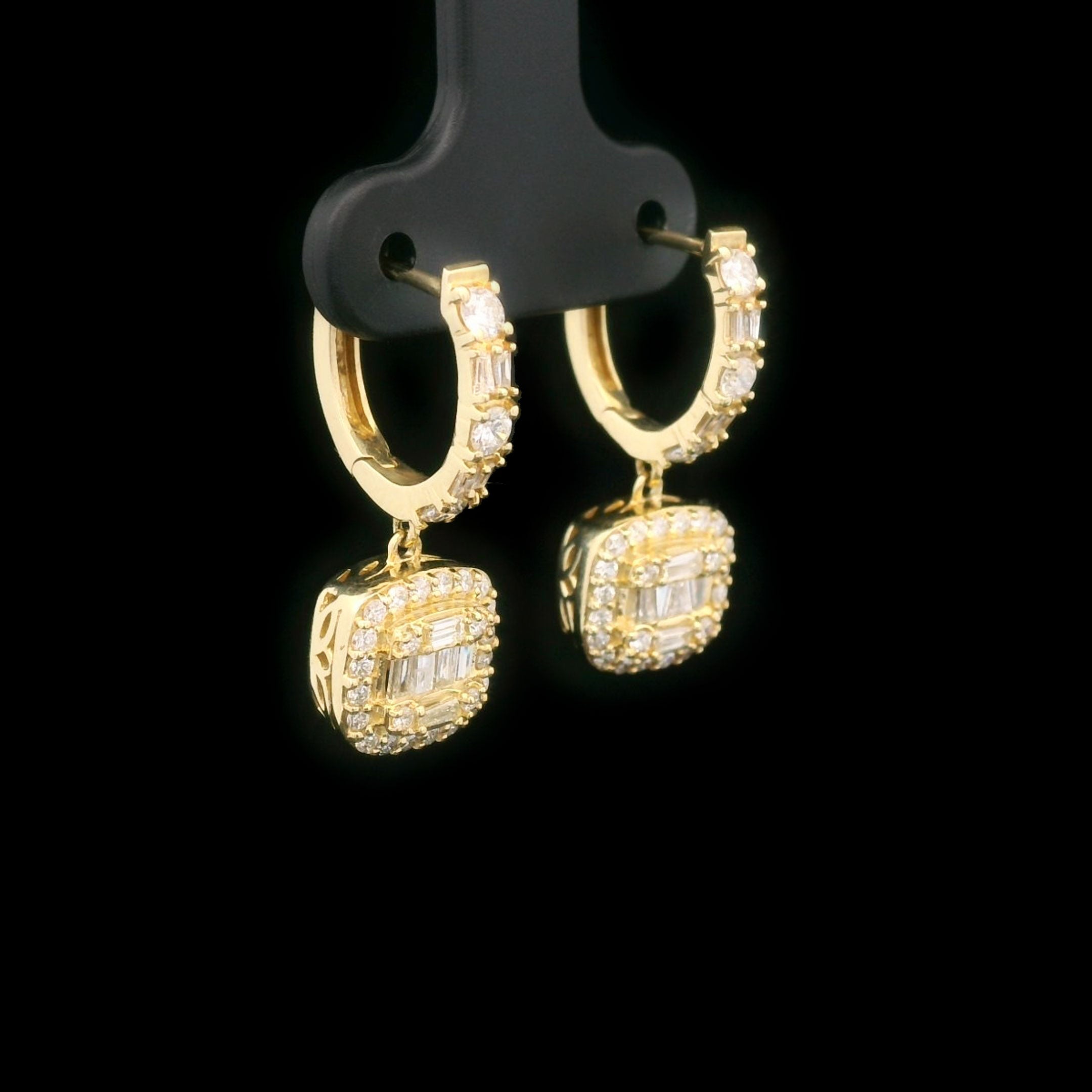 Baguette & Round Diamond Square Hanging Drop Earrings in 14k Yellow Gold Side