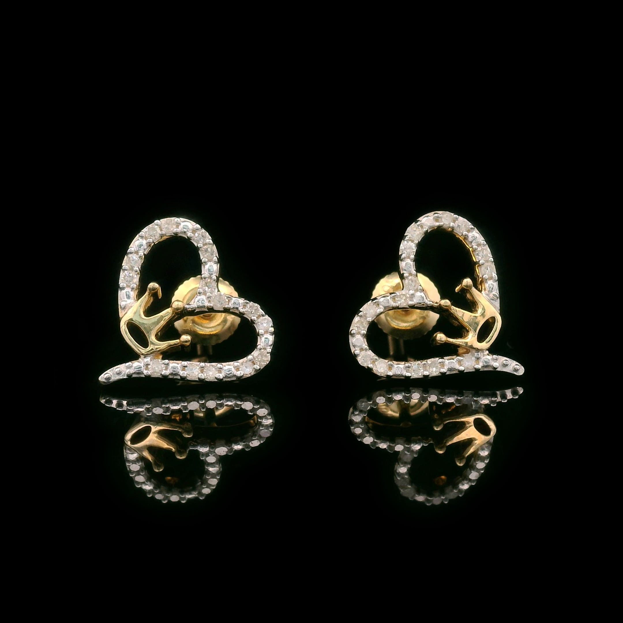 Diamond Heart Outline with Gold Crown Earrings in 10k Gold