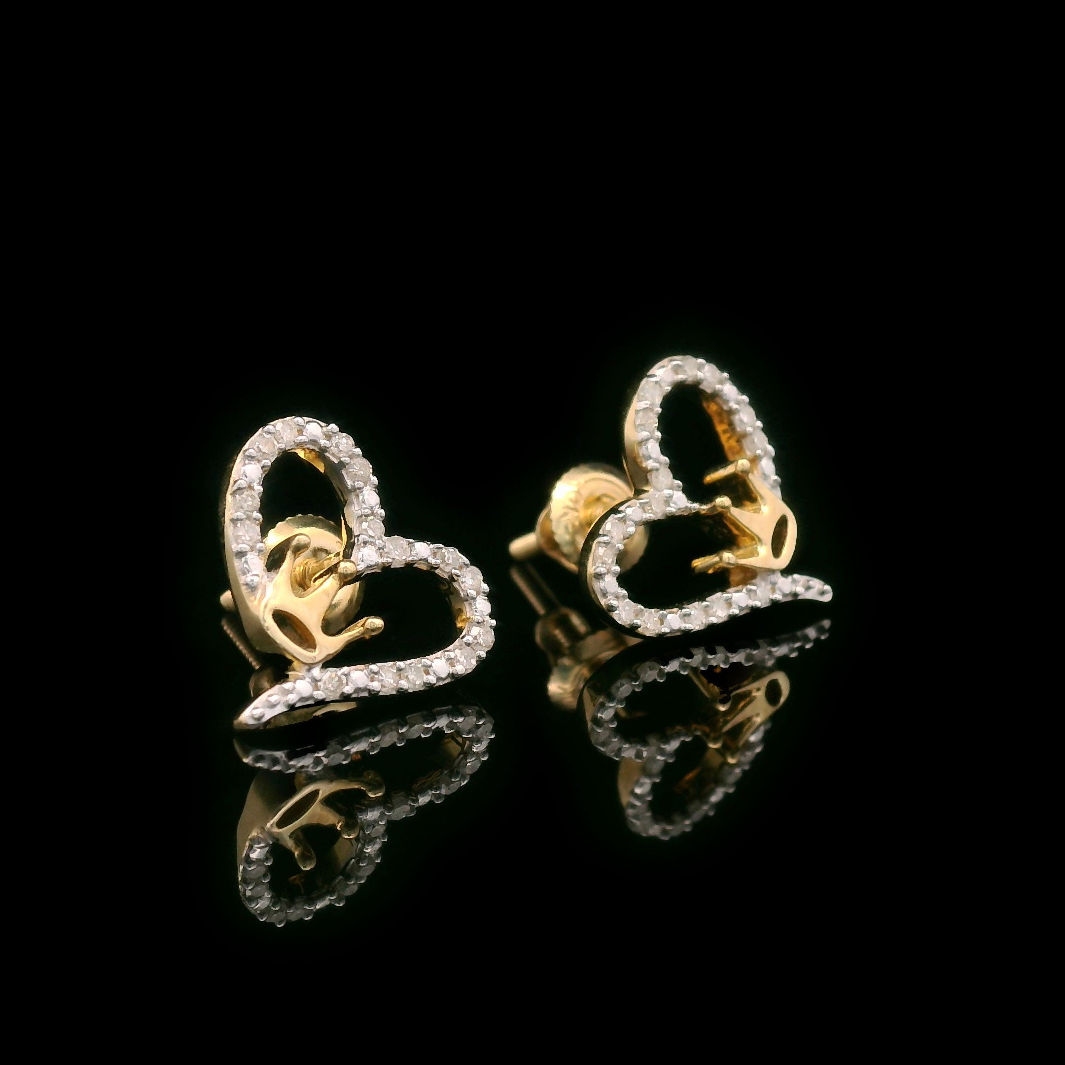 Diamond Heart Outline with Gold Crown Earrings in 10k Gold Side