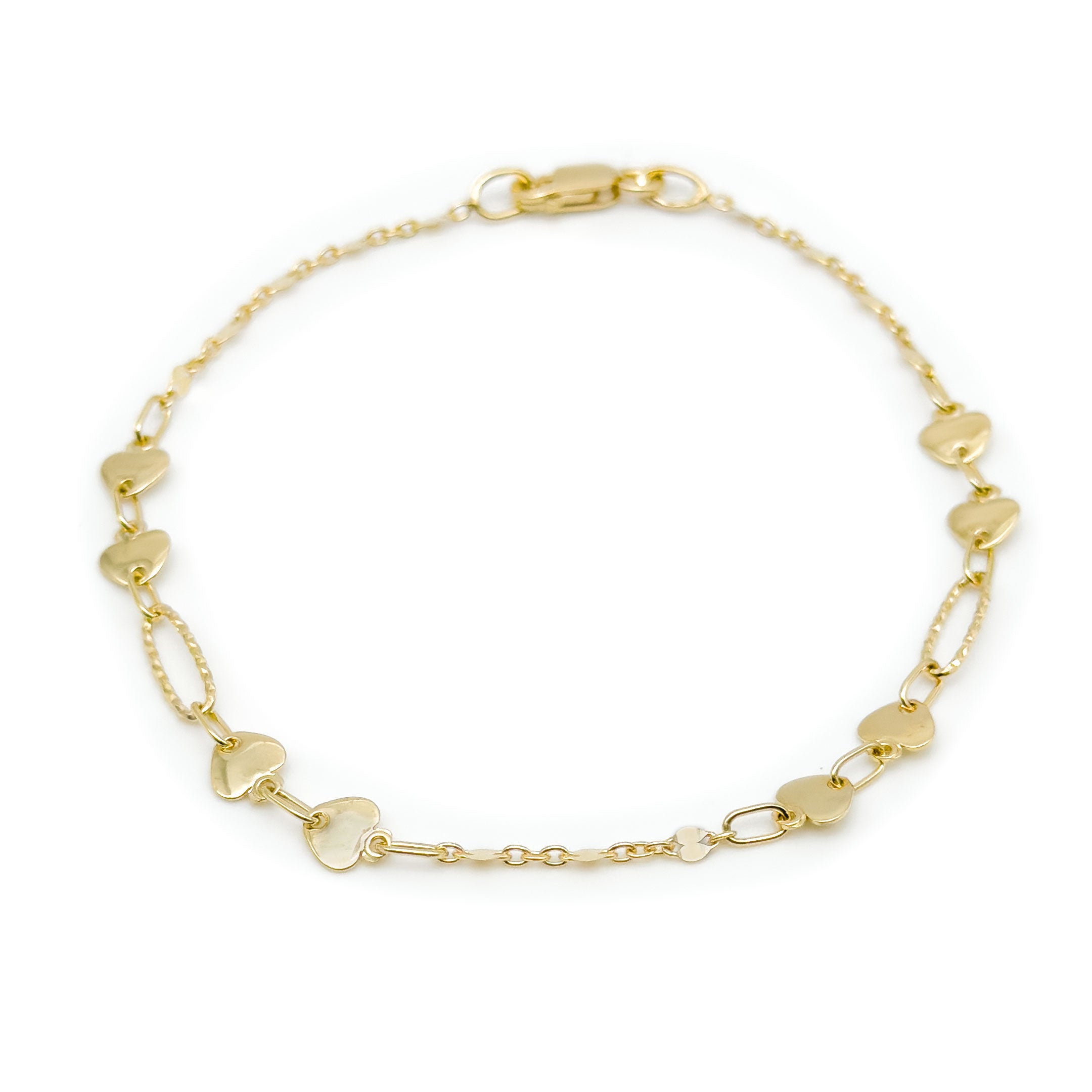 A delicate yellow gold bracelet featuring multiple small, polished heart-shaped links, displayed on a clean white background.