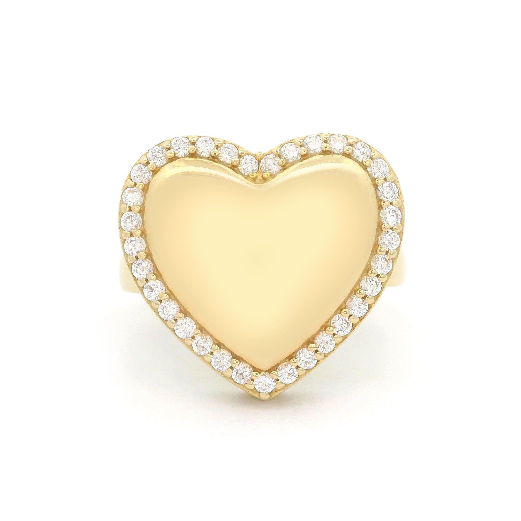 10k yellow gold heart ring with stones around border on white background