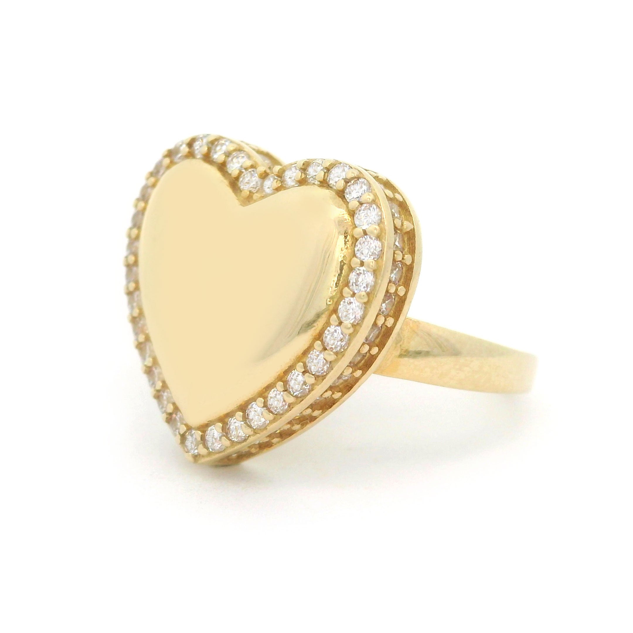 10k yellow gold heart ring with stones around border on white background right side