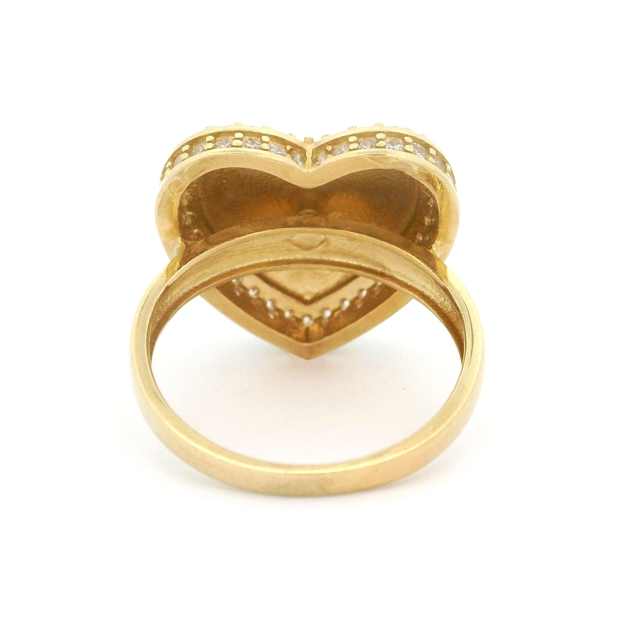 10k yellow gold heart ring with stones around border on white background back view