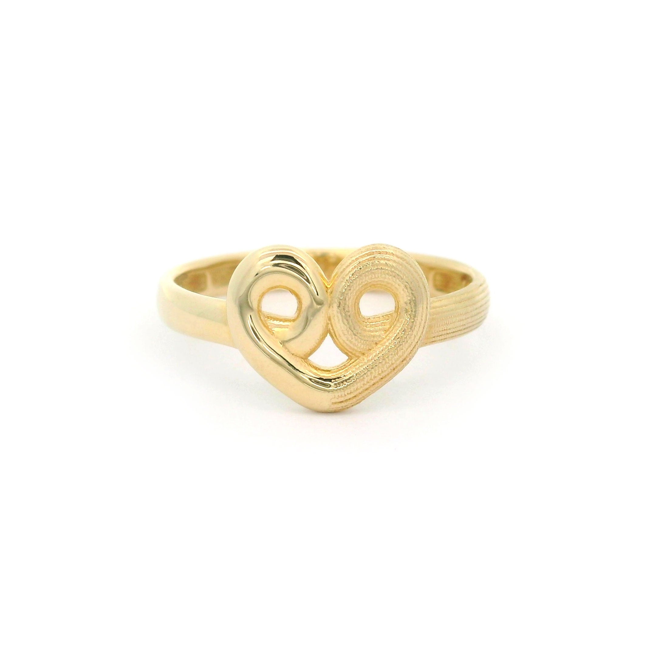 10k Gold Heart Swirl Ring with Half High Polish and Half Satin Finish on a white background