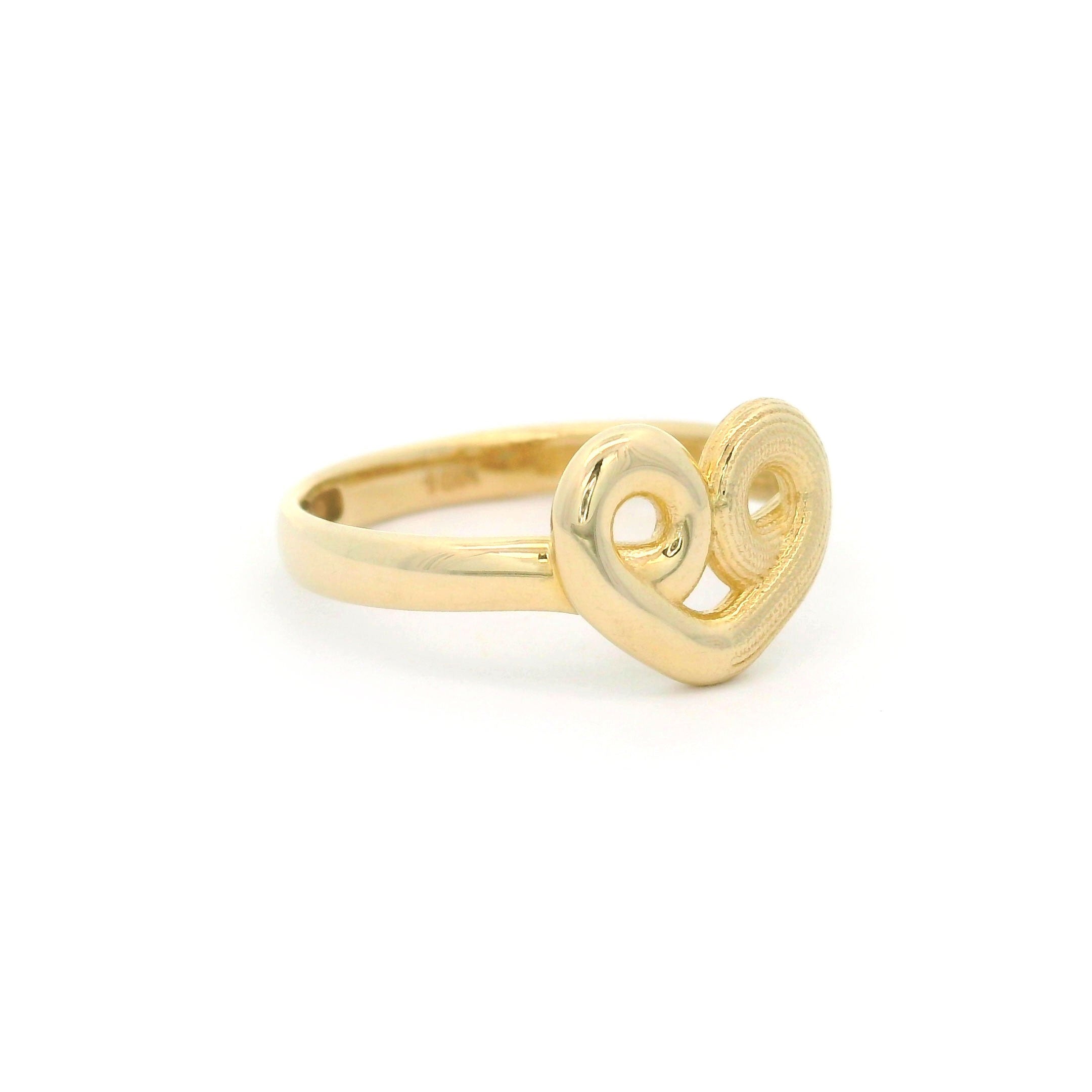 10k Gold Heart Swirl Ring with Half High Polish and Half Satin Finish on a white background left side