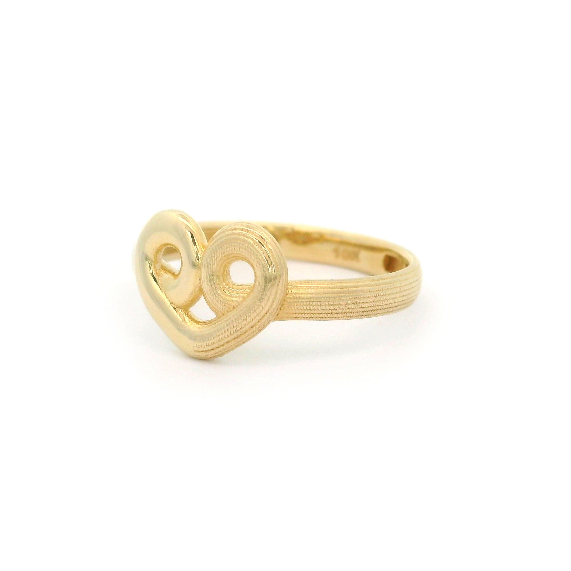 10k Gold Heart Swirl Ring with Half High Polish and Half Satin Finish on a white background right side