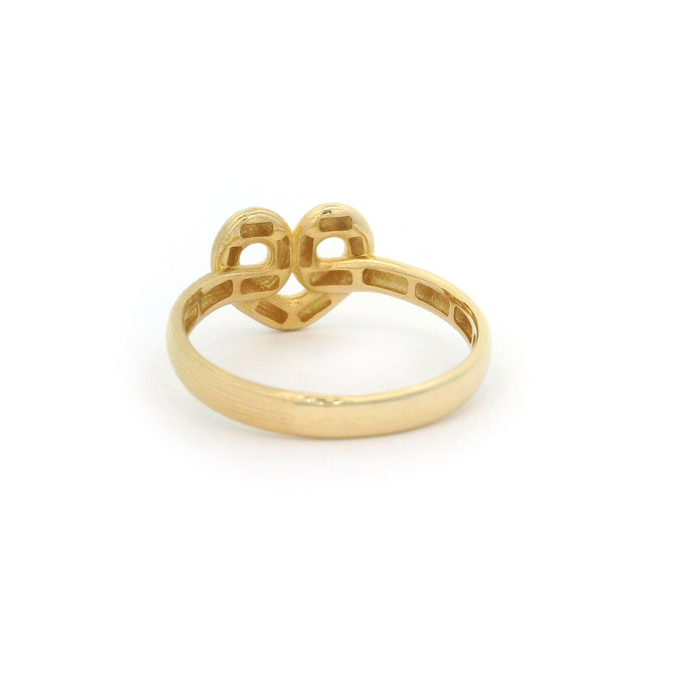 10k Gold Heart Swirl Ring with Half High Polish and Half Satin Finish on a white background back view