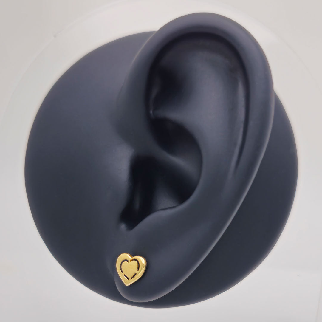 14k Heart Stencil Stud Earrings on Ear Display