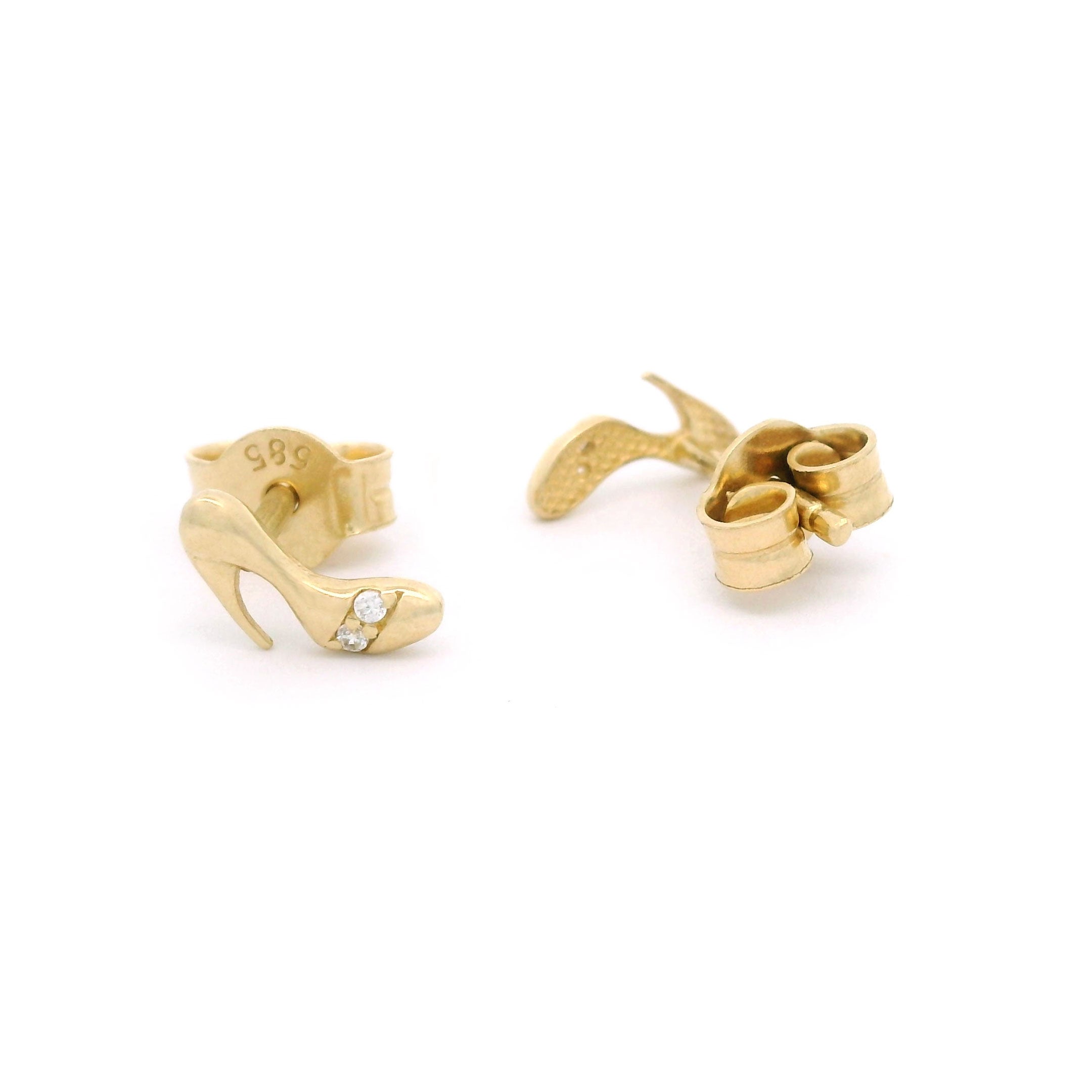 14k Yellow Gold High Heel Shoe Stud Earrings with Stones back