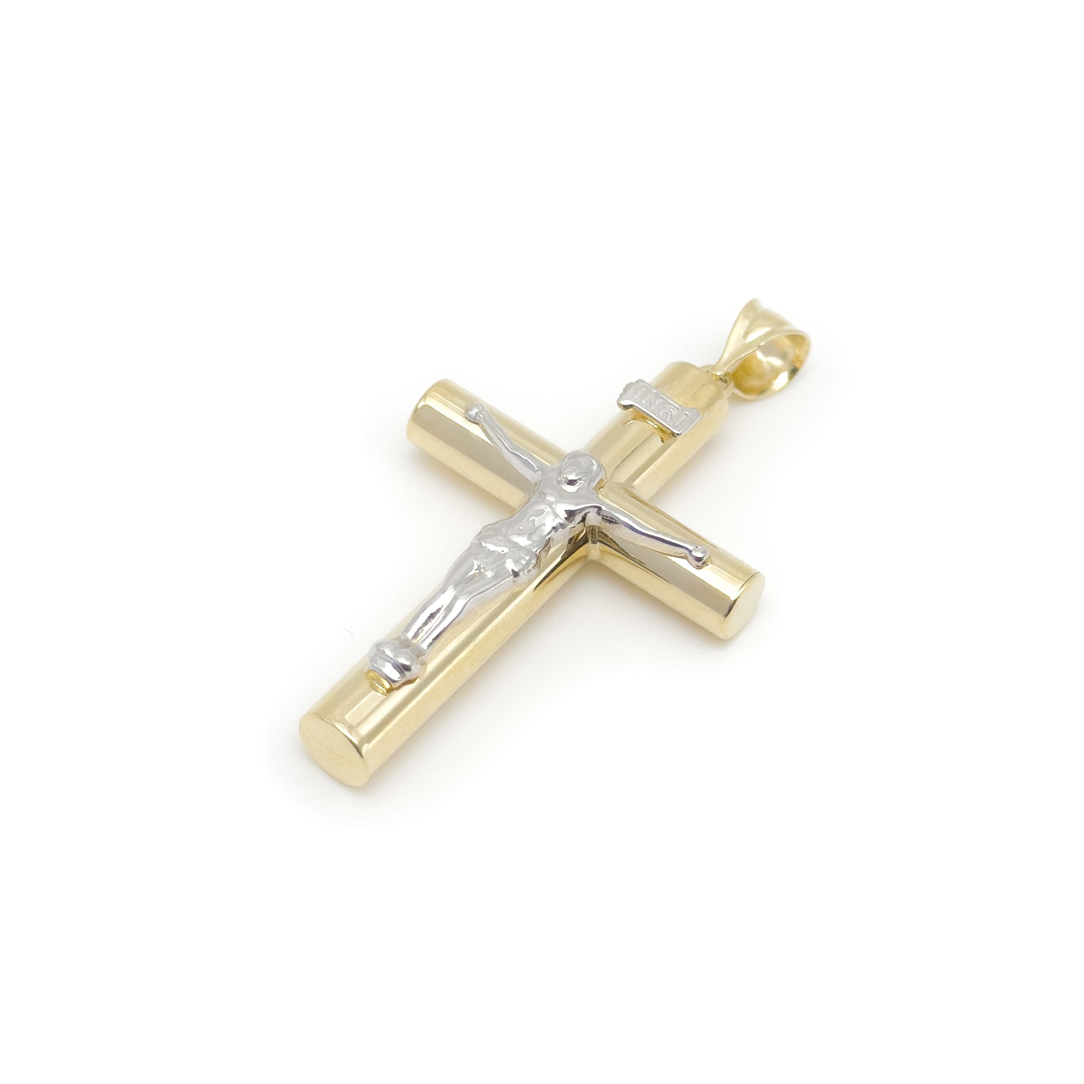 A two-tone crucifix pendant featuring a yellow gold cylindrical cross with a white gold corpus of Jesus Christ, shown on a plain white background.