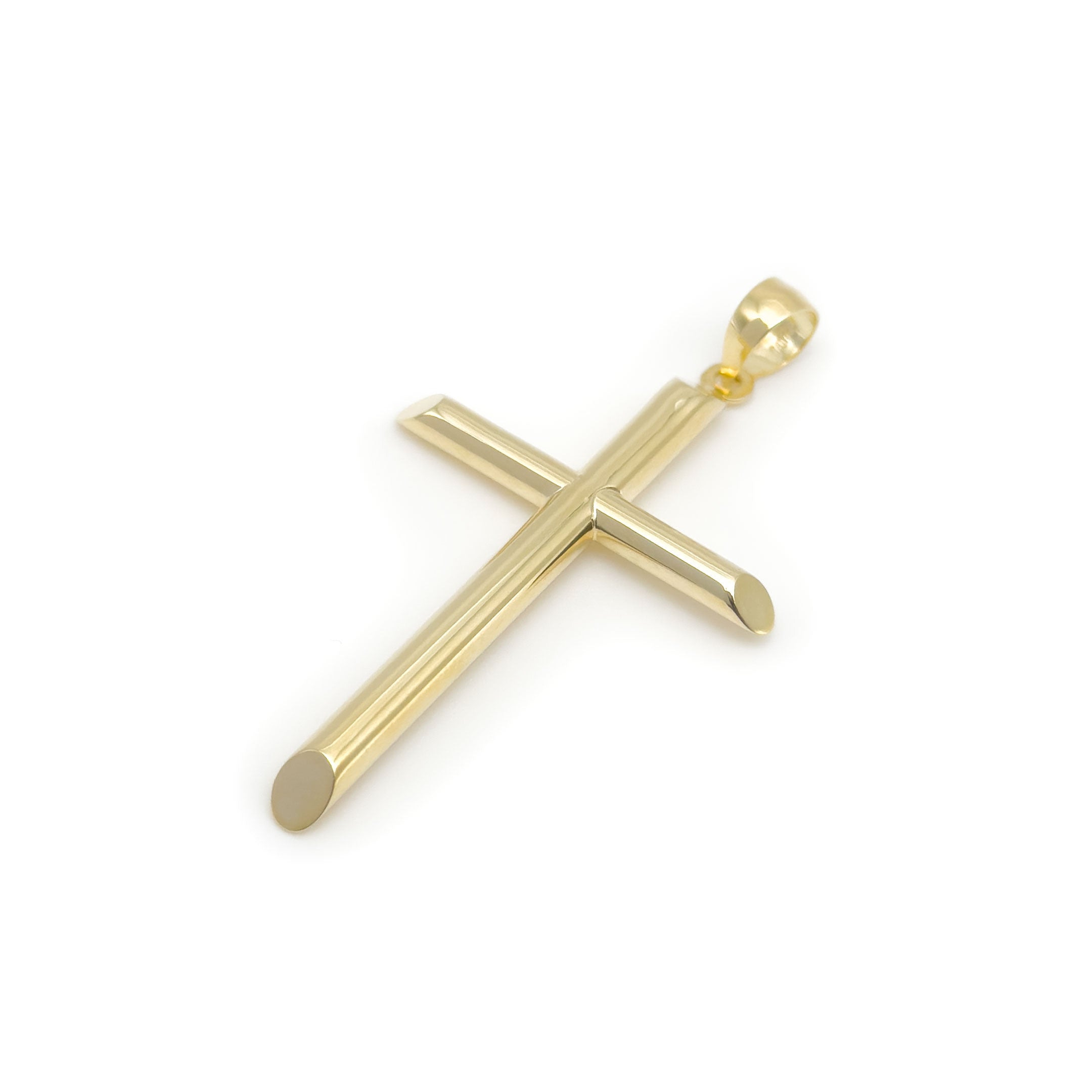 10k yellow gold hollow polished cross pendant with angled edges on white background
