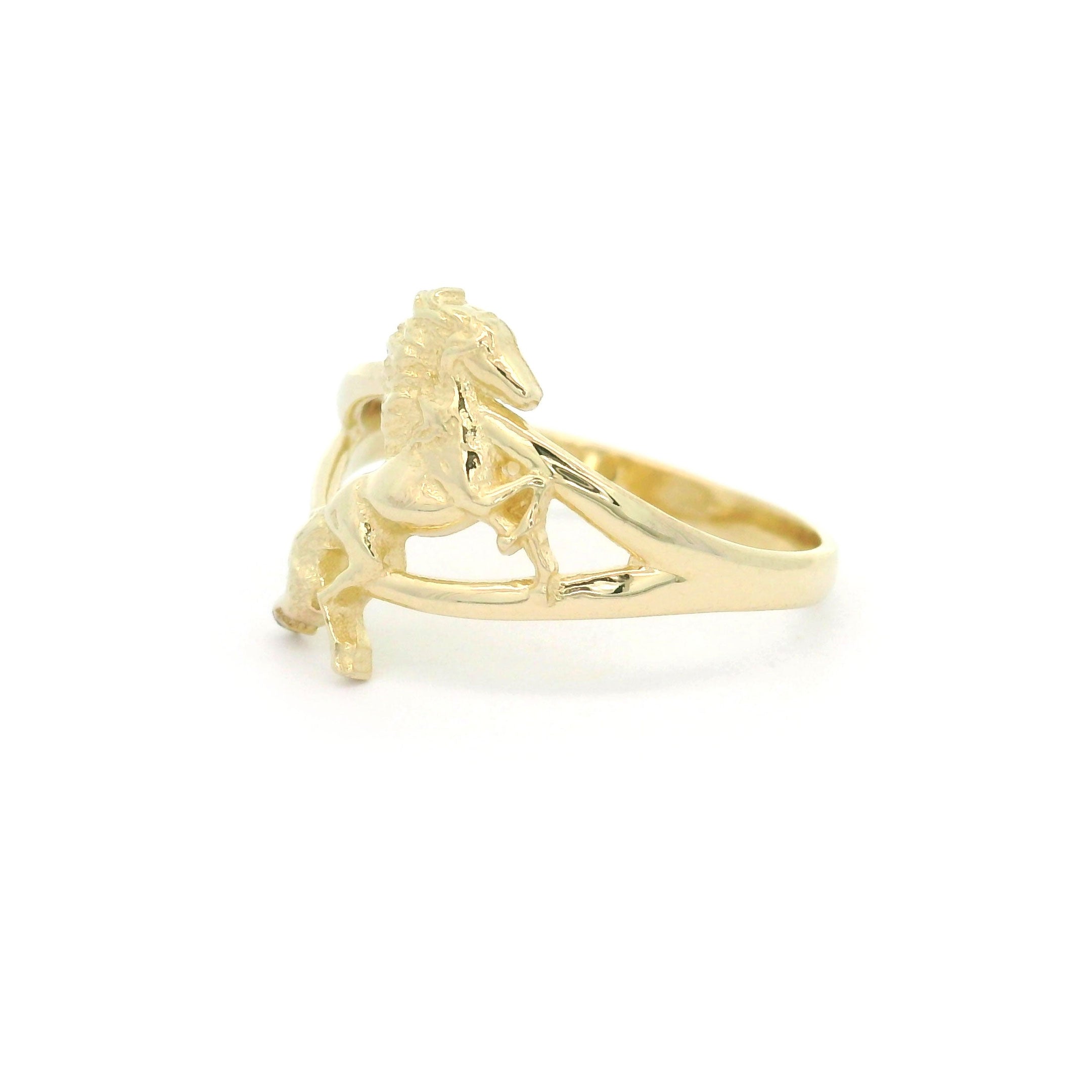 10k yellow gold ring with a horse in rearing pose on a white background right side