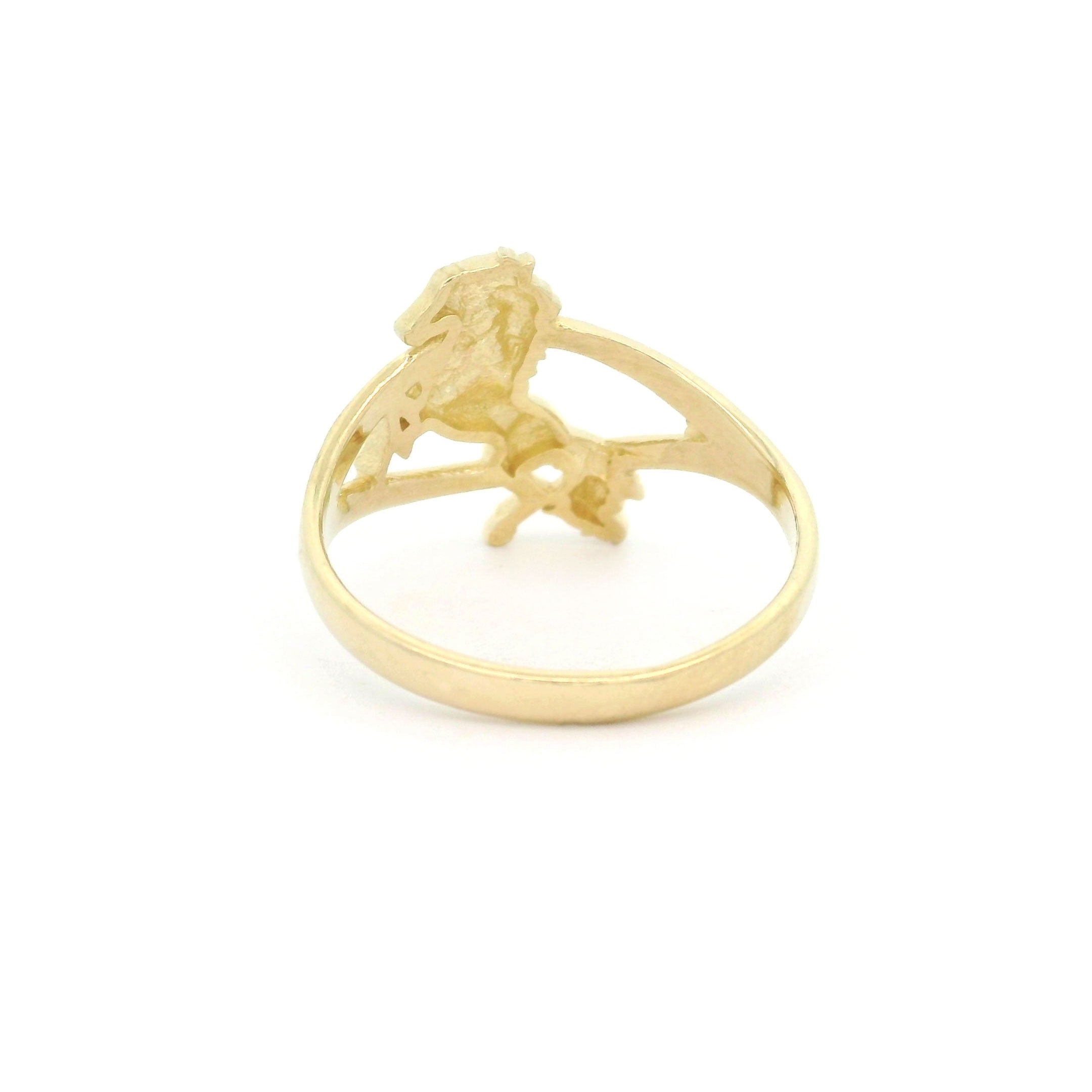 10k yellow gold ring with a horse in rearing pose on a white background back view