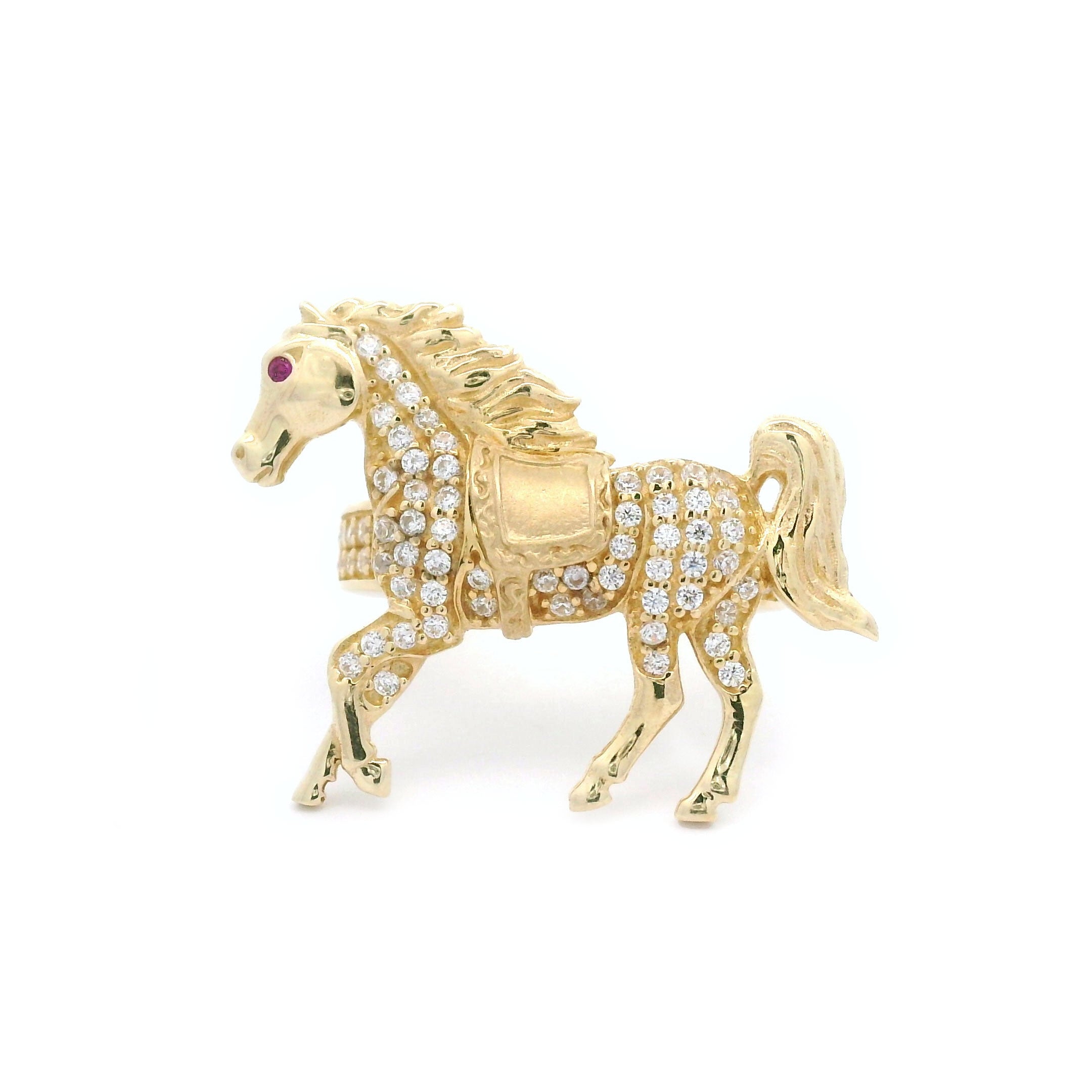 14k Yellow Gold CZ Horse with Red Eye Ring