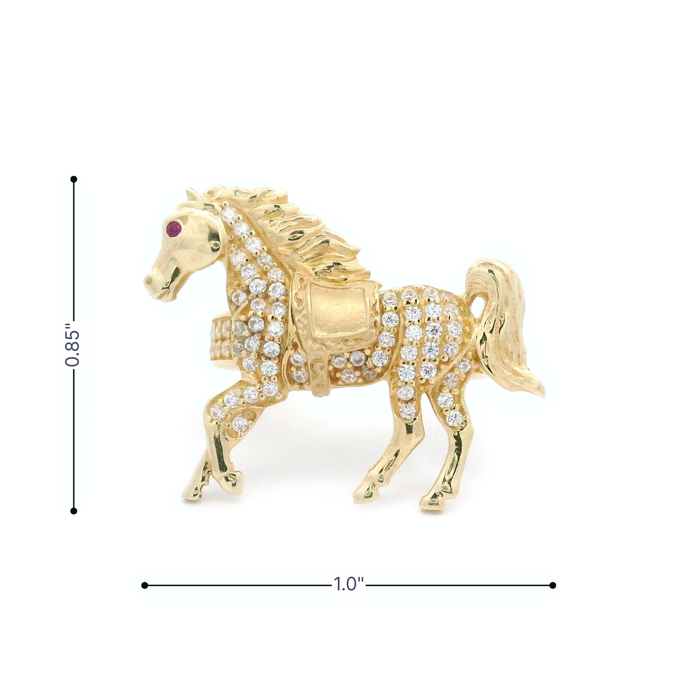 14k Yellow Gold CZ Horse with Red Eye Ring Size 1.0" x 0.85"