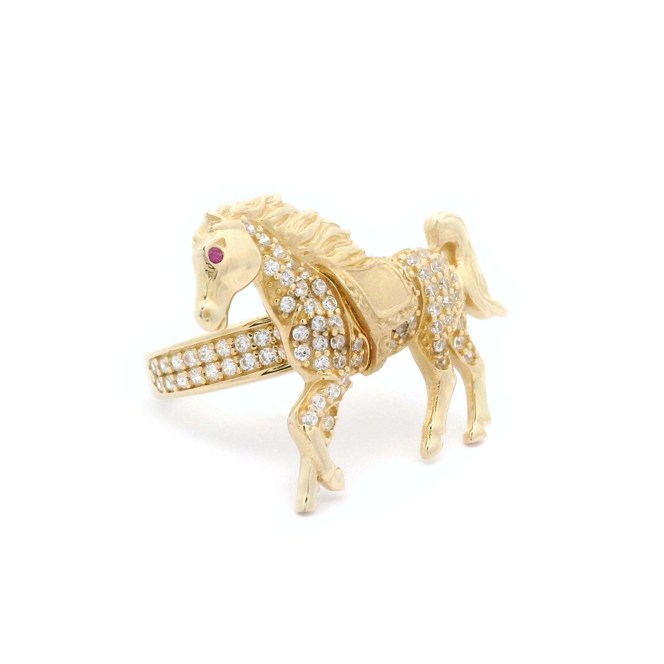 14k Yellow Gold CZ Horse with Red Eye Ring Left