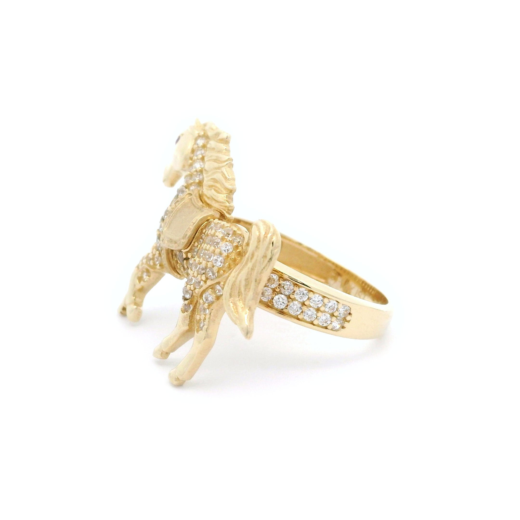 14k Yellow Gold CZ Horse with Red Eye Ring Right