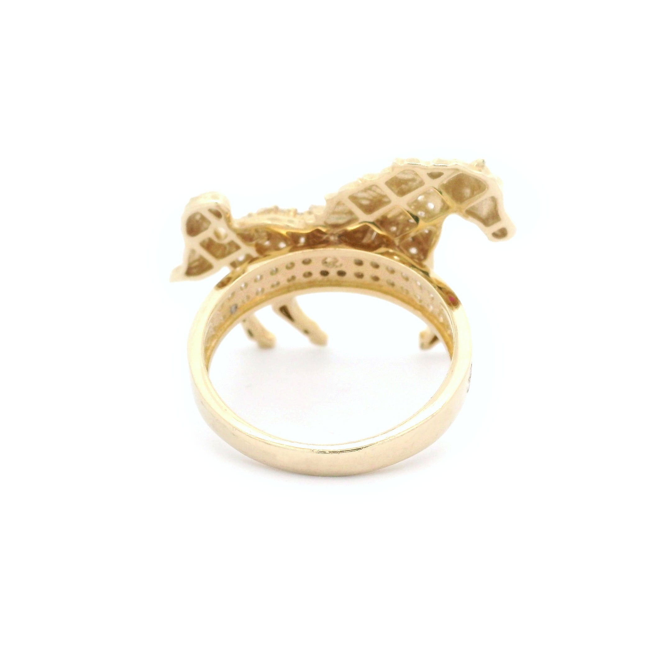 14k Yellow Gold CZ Horse with Red Eye Ring Back