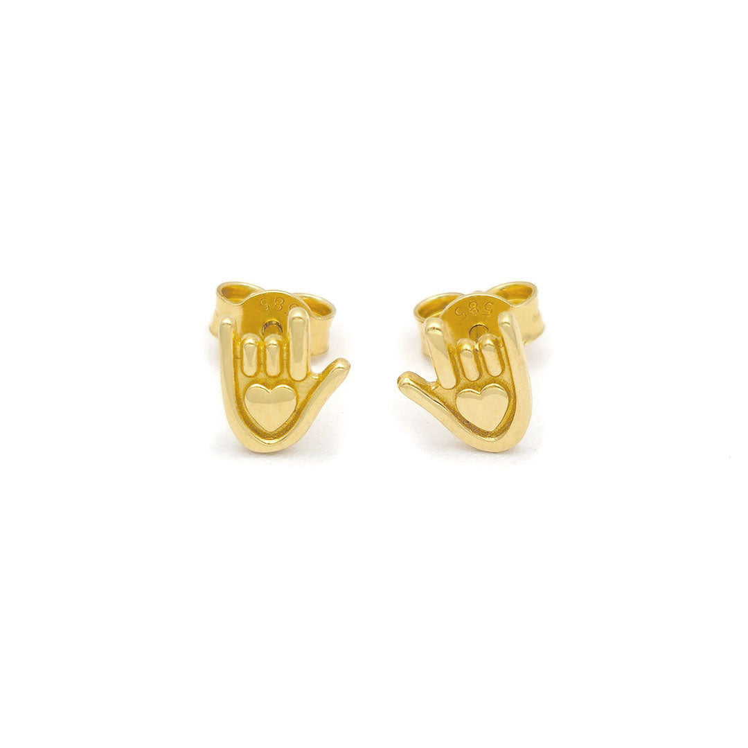 14k I Love You Hand Sign Stud Earrings