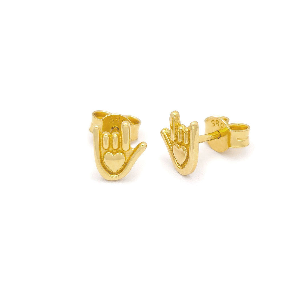 14k I Love You Hand Sign Stud Earrings Side